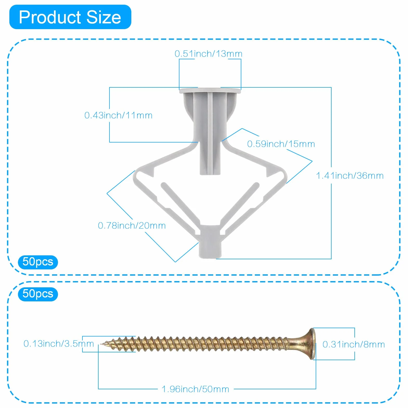 100 szt. wtyków do płyt gipsowo-kartonowych (50 śrub ściennych i 50 śrub), wytrzymałe mocowania, stabilne ze śrubami stalowymi walcowanymi na zimno, pusty wspornik TV 36 x 13 mm