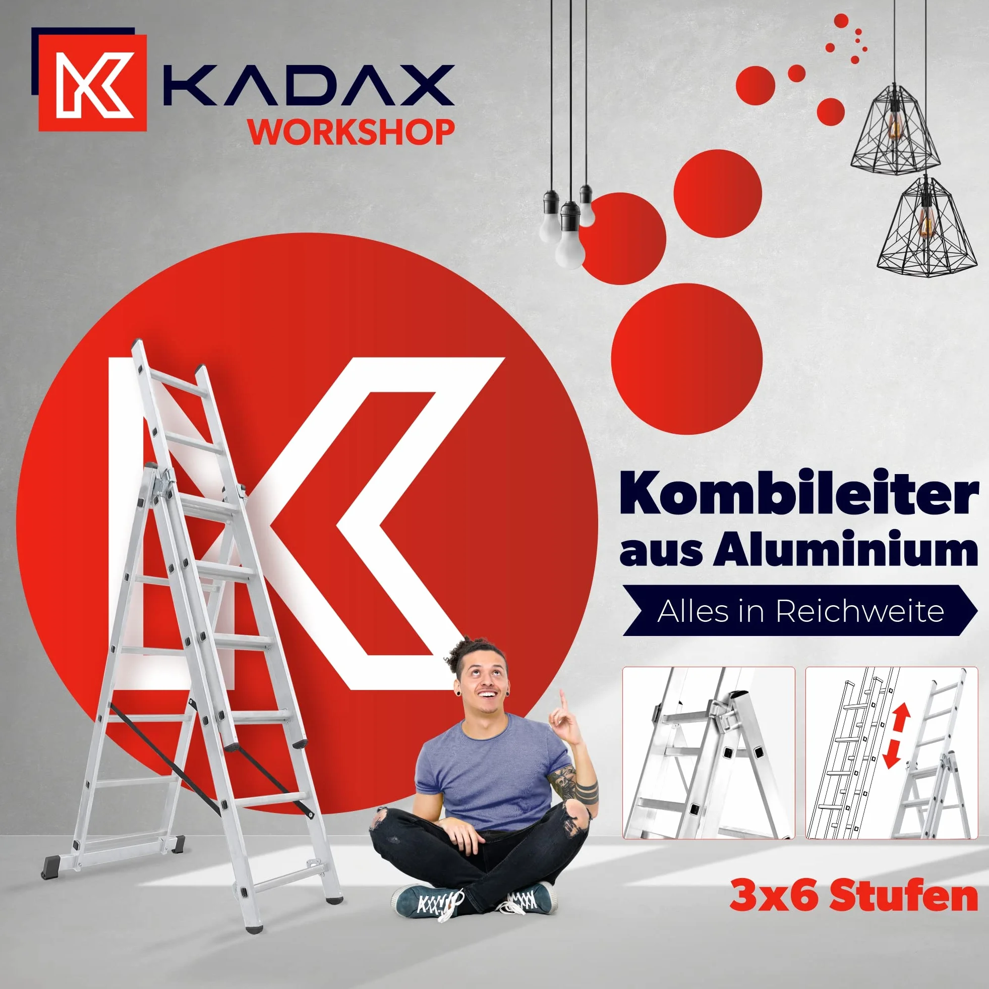 KADAX Drabina aluminiowa wielofunkcyjna, przystawna 6 - stopniowa, udźwig do 150 kg, z hakami, rozsuwana, antypoślizgowe stopnie, do domu i warsztatu