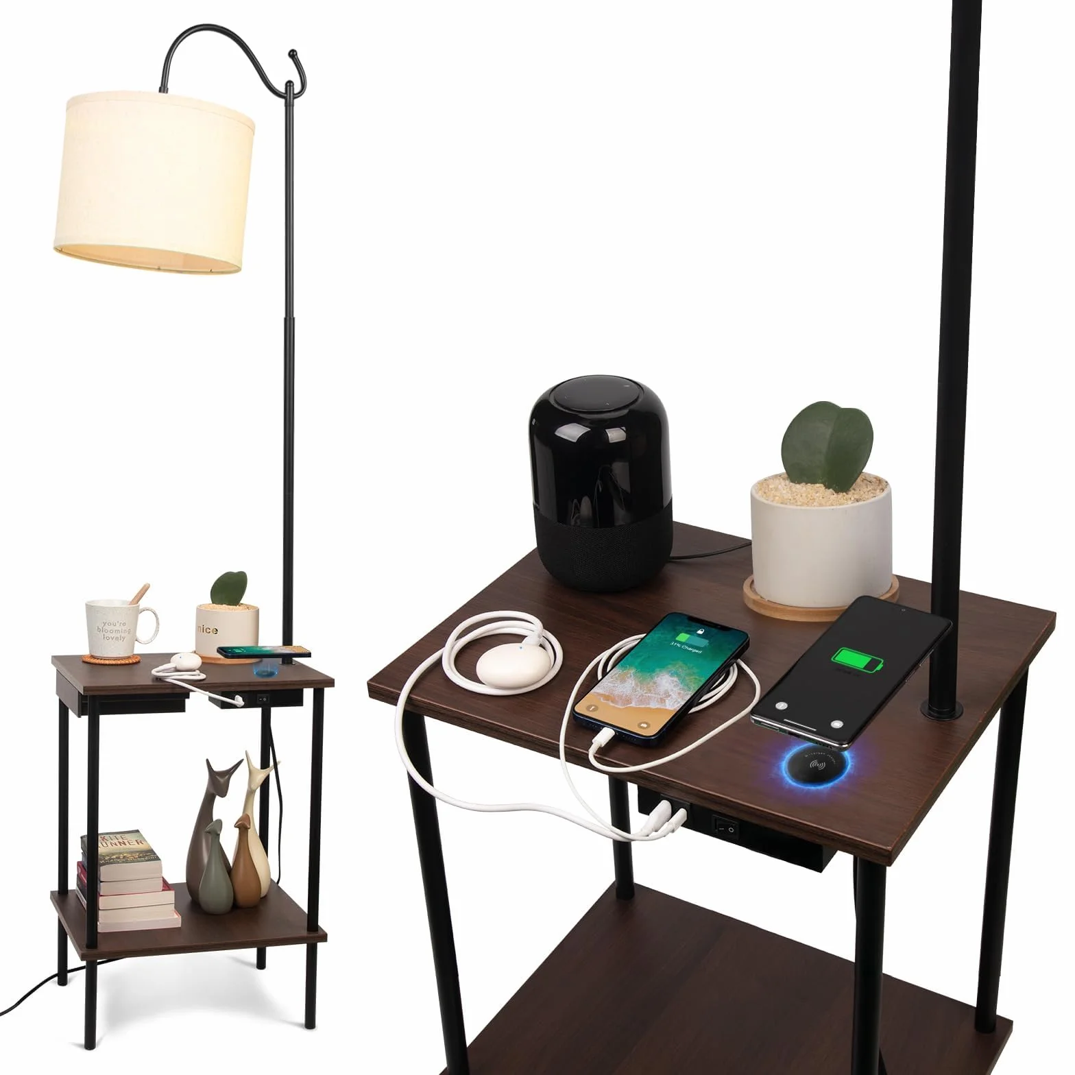 Czarna lampa podłogowa z stolikiem, lampa przemysłowa do salonu z podwójną półką, 2 porty USB, lampa podłogowa do gabinetu, salonu, biura i sypialni
