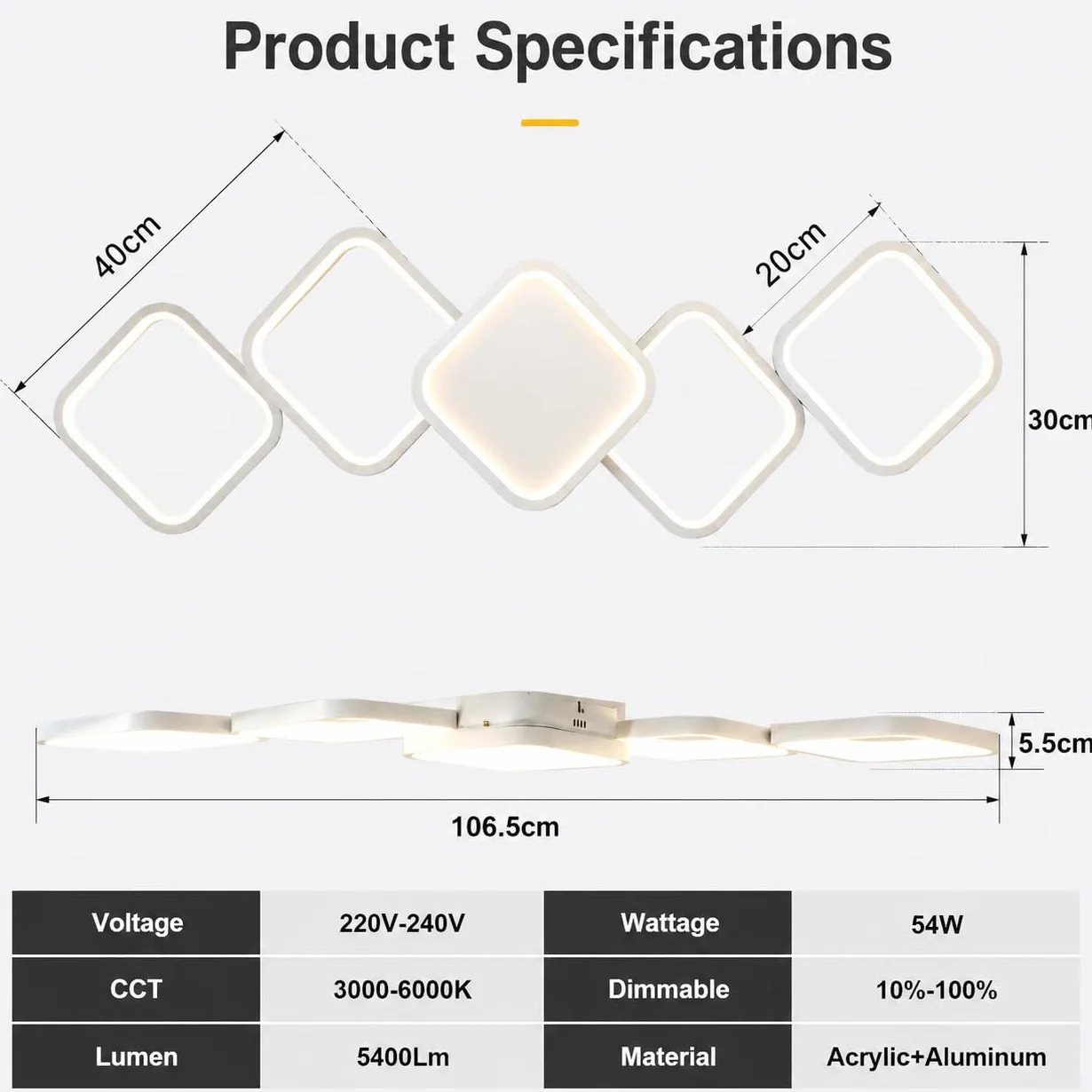 Ściemnialna Lampa Sufitowa LED 54W z pilotem i aplikacją, Biały Nowoczesna Lampa do Salonu, Sypialni, Przedpokoju, Kuchni, 5400LM, Regulacja Temperatury Barwowej 3000K-6000K, Pamięć Ustawień