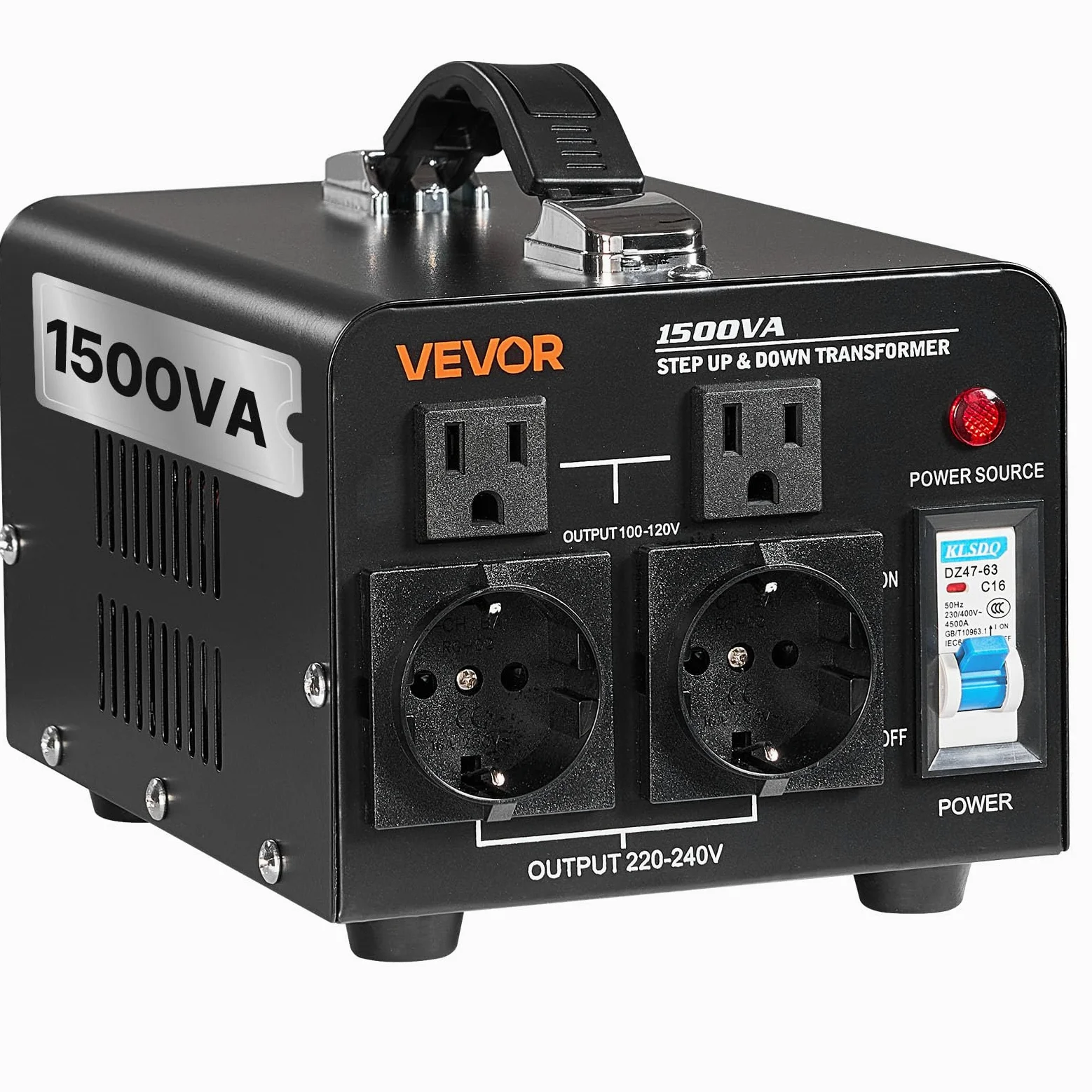 VEVOR Transformator napięcia podnośnika reduktora 220 V do 110 V i 110 V do 220 V, 1500 VA, z wtyczkami amerykańskimi i UE, kablem zasilającym, ochroną przełącznika 15 A