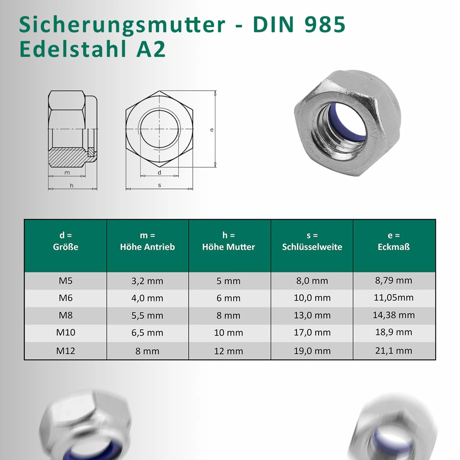 DSM – śruby zamkowe M8 x 45 mm zgodnie z DIN 603 – nakrętka zabezpieczająca M8 DIN 985 i podkładka DIN 9021 – stal nierdzewna A2/V2A – śruby z łbem płaskim z nasadką czworokątną – nakrętki stoperowe