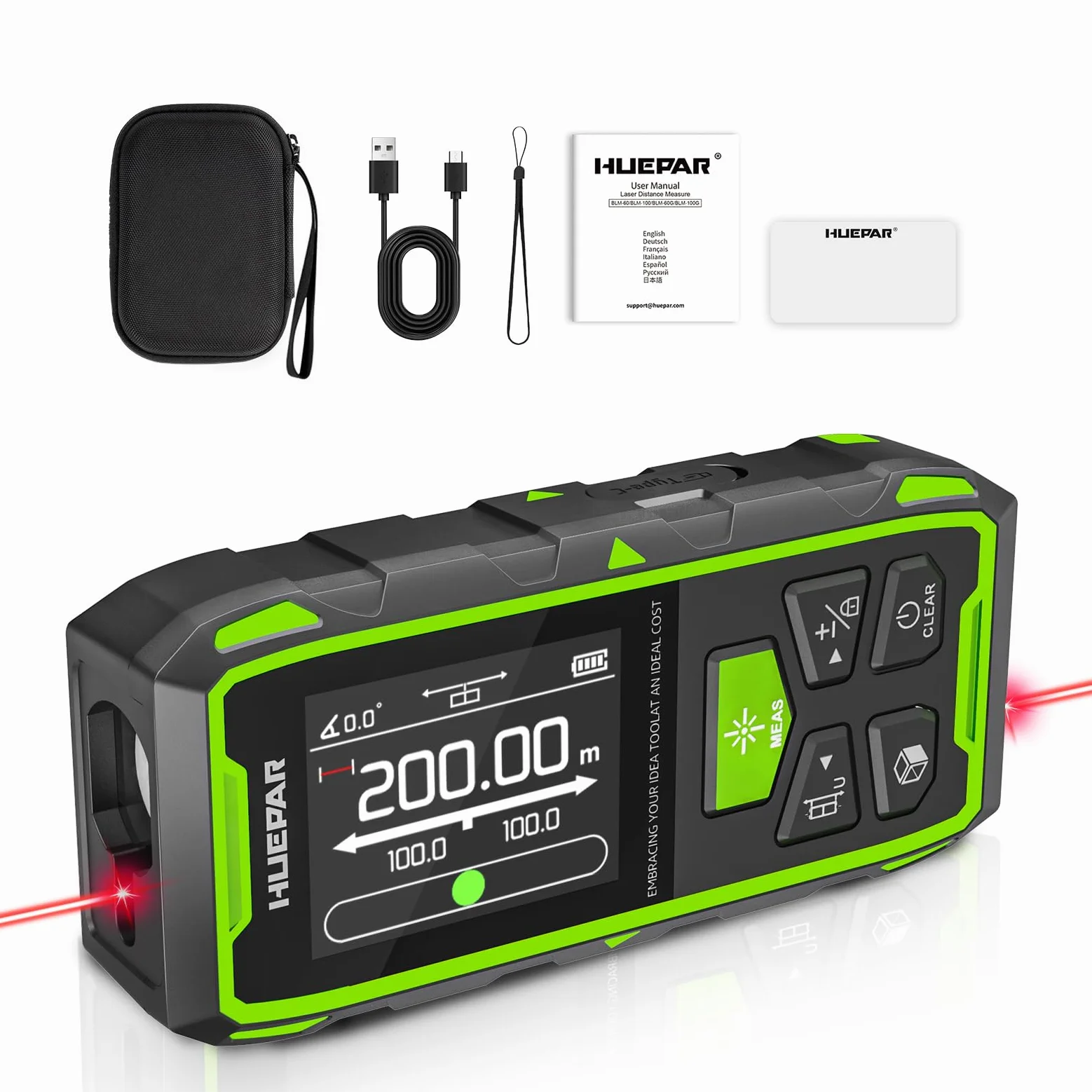 Huepar Laserowe narzędzie pomiarowe 96FT Cyfrowe laserowe mierniki odległości z 2 poziomami bąbelków, podświetlany wyświetlacz LCD, odległość pomiaru, obszar i głośność oraz tryb pitagorejski SW-211RT