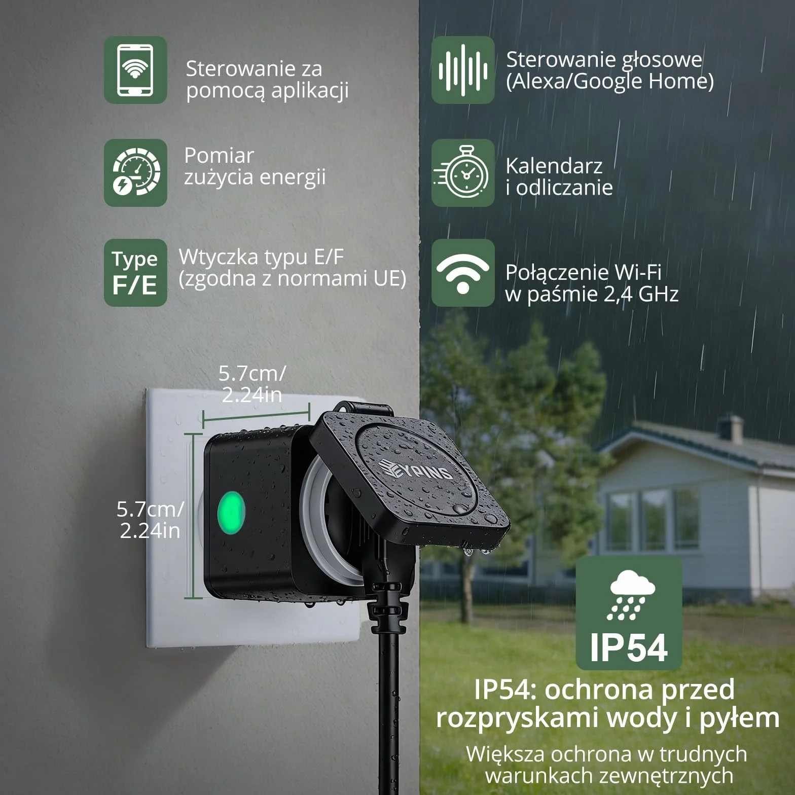 EYPINS Gniazdko WLAN do użytku na zewnątrz IP54, Inteligentne gniazdko zewnętrzne z pomiarem prądu, harmonogramem, ochroną przed przeciążeniem, Sterowanie głosem za pomocą Alexa i Google Home, Zdalne