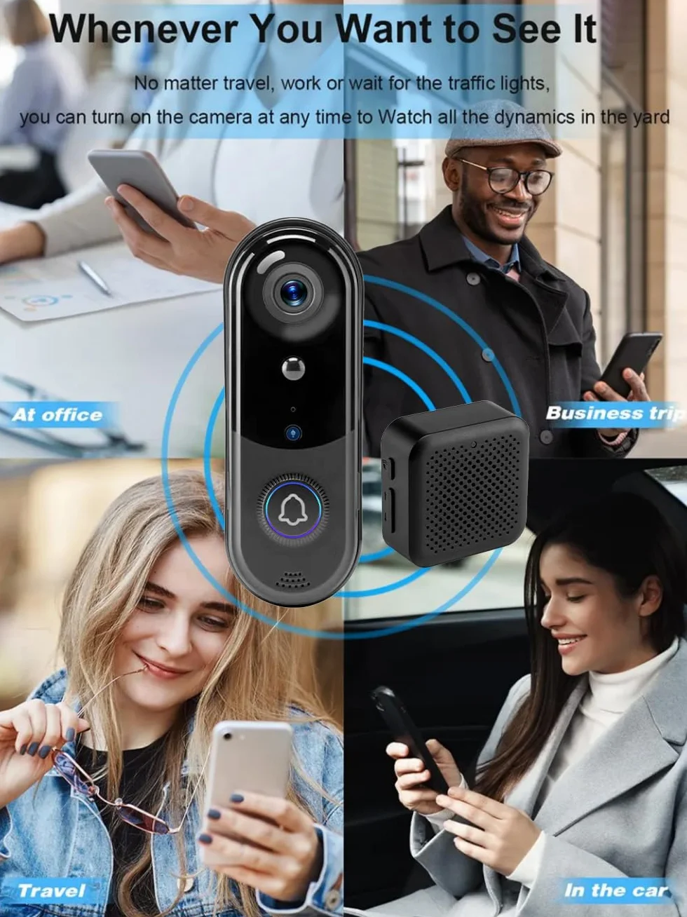TKSTAR Smart HD 1080p kamera do drzwi wejściowych 2,4 GHz, bezprzewodowa, za pomocą aplikacji, Wi-Fi, 2-drożna komunikacja, wykrywanie ruchu, monitoring, karta pamięci, widoczność w nocy