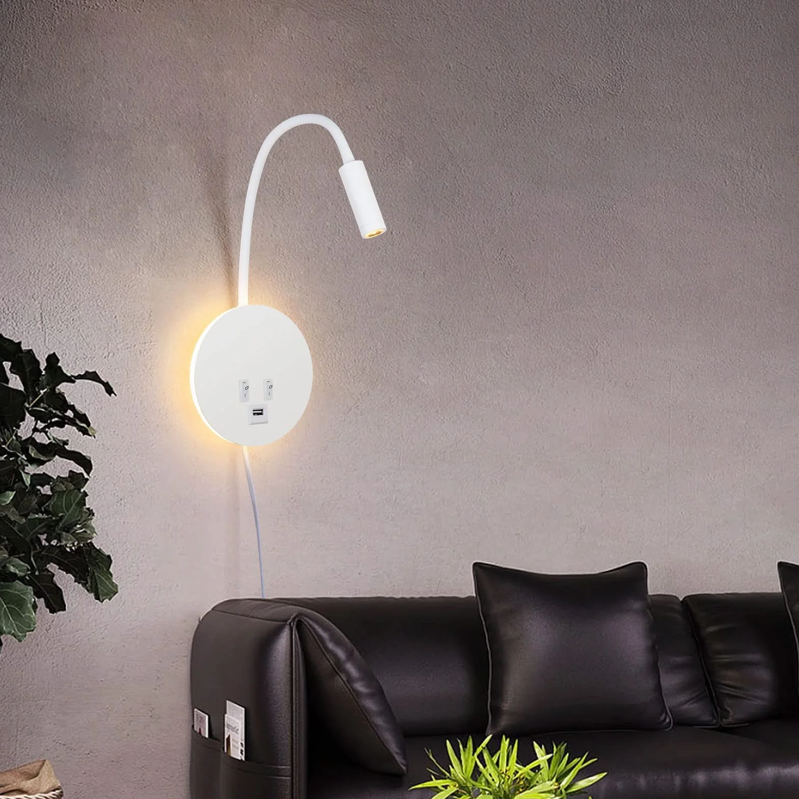 ERWEY Lampka do czytania na łóżku, lampa do czytania, montaż ścienny, 3 W + 8 W, lampka do łóżka z przełącznikiem i ładowaniem USB, lampa ścienna LED do czytania, obracana o 360°, z wtyczką i kablem