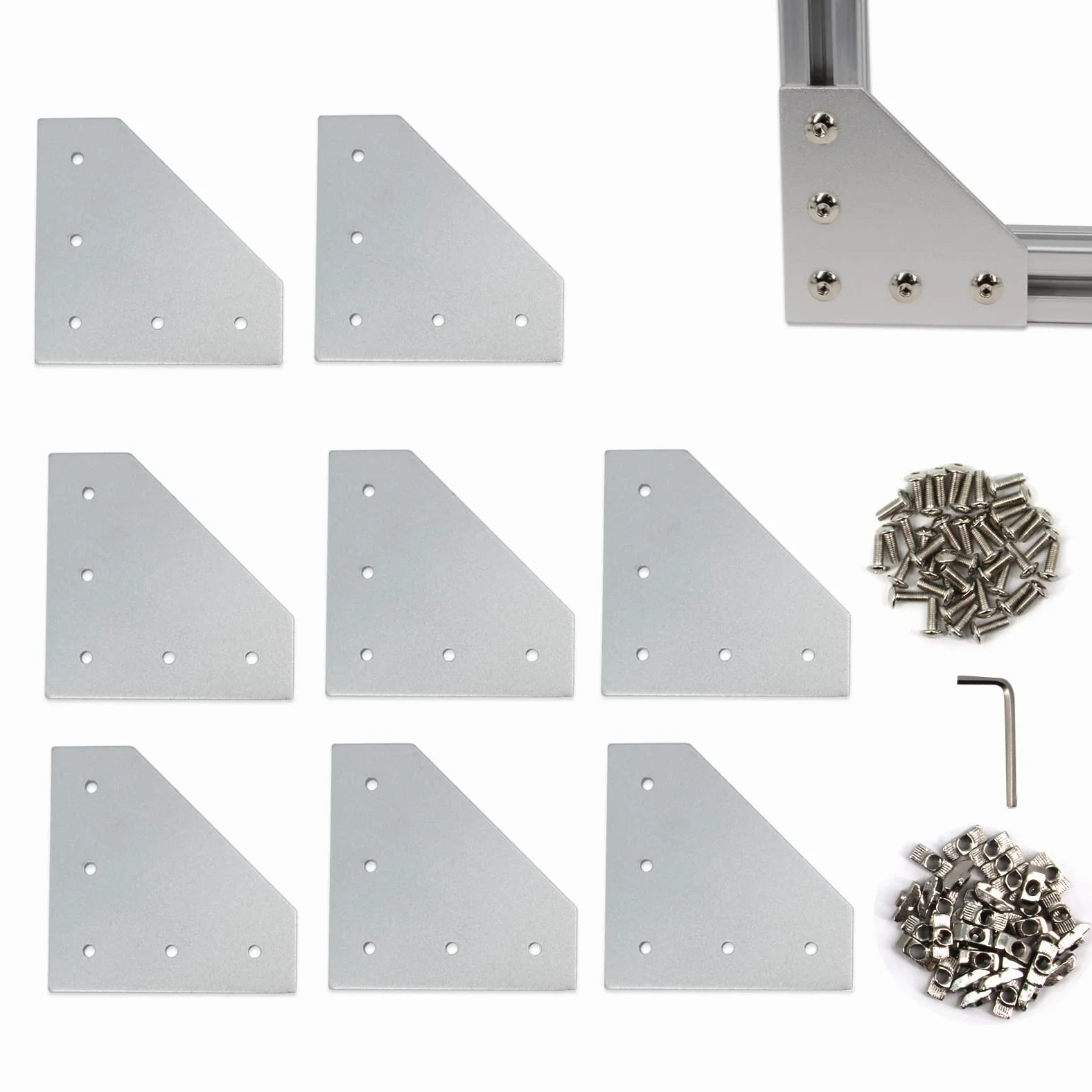 4040 płyta wspornika narożnego, kształt L, 5 otworów, zewnętrzna płyta łącząca 90 stopni, ze śrubami M6 x 16 mm, nakrętkami T do aluminiowego profilu wytłaczanego 40 x 40 mm, 8 szt./opakowanie (srebrny-4040 L)
