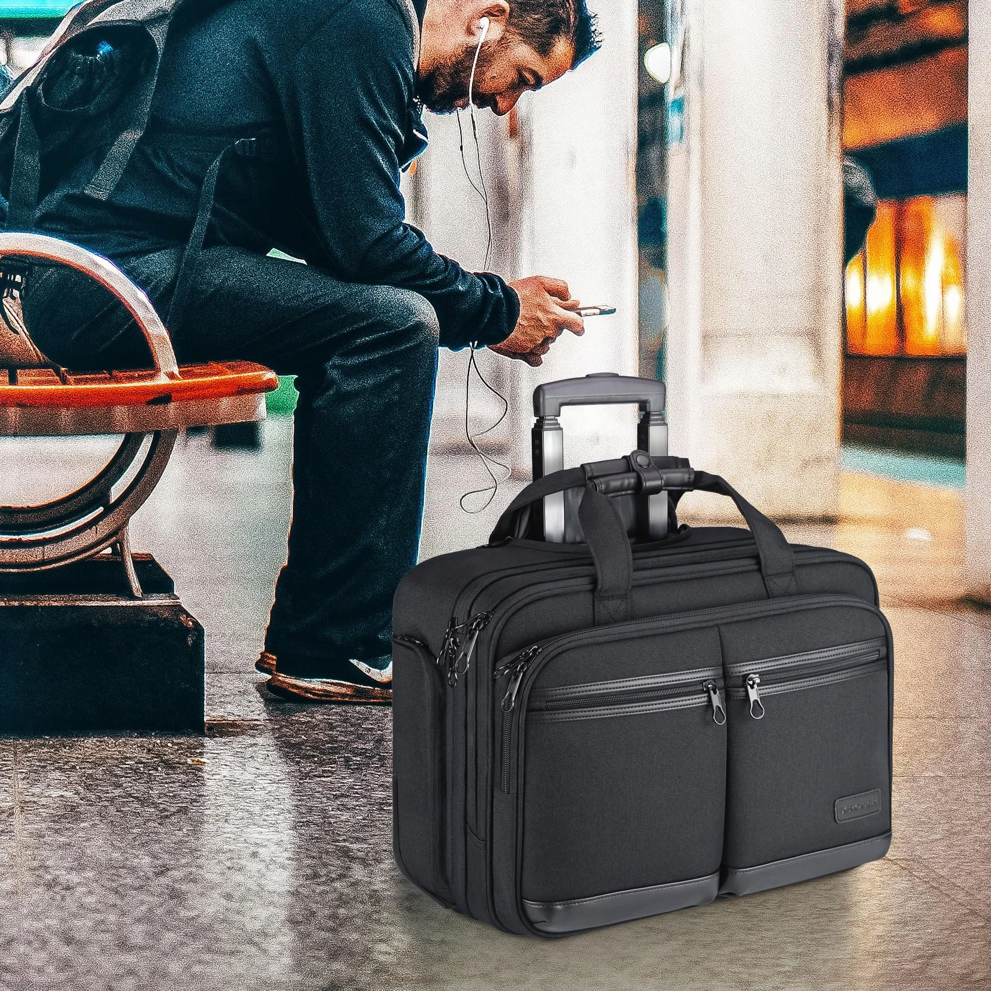KROSER Trolley Business walizka podręczna z kółkami do laptopa 17,3 cala wodoszczelna RFID czarna