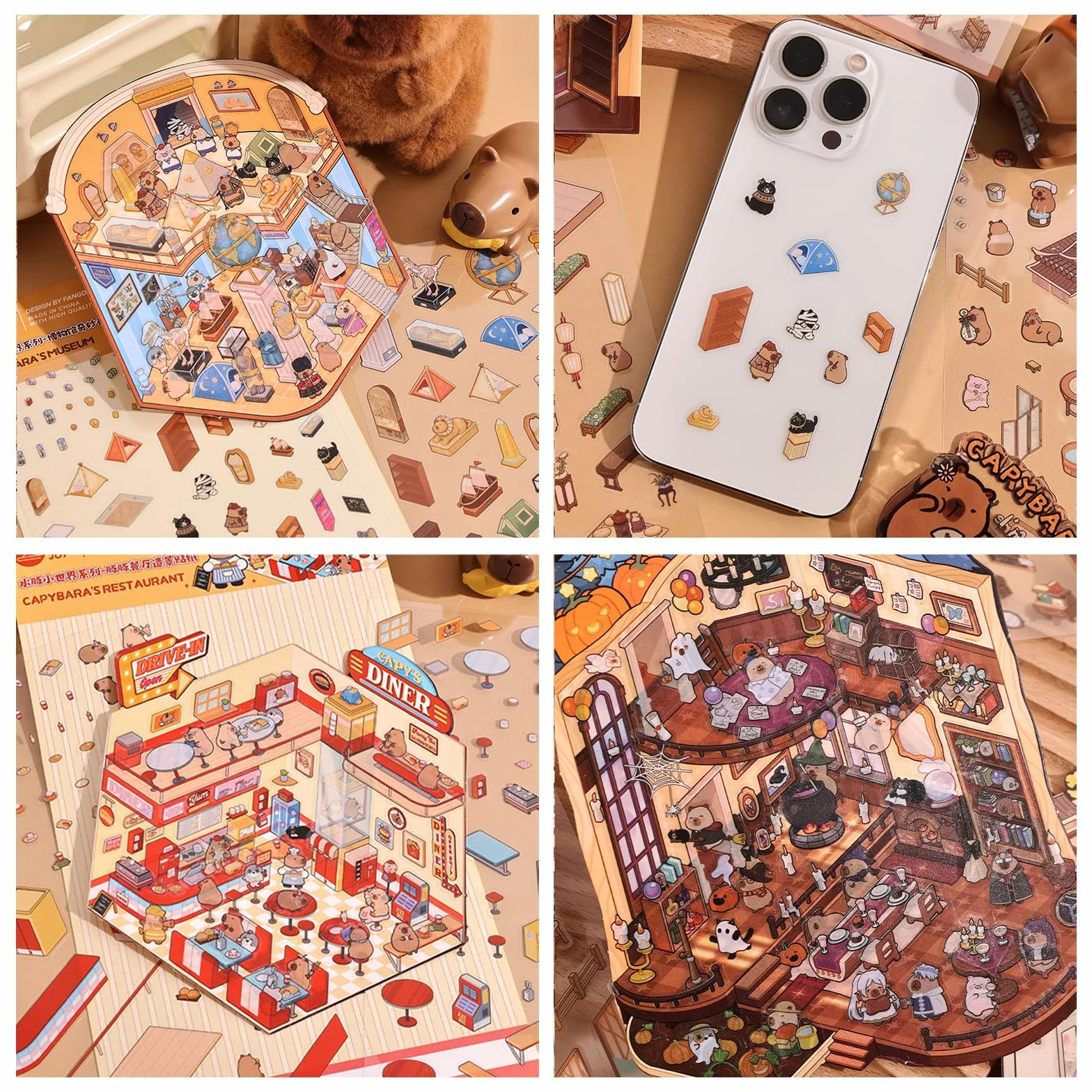 AYNKH 4 zestawy DIY Capybara World Series 3D naklejki krajobrazowe, urocze zabawne naklejki z kreskówkową sceną, muzeum, hotel, domek na drzewie, restauracja, ulga, stres, mijanie czasu, kreatywne