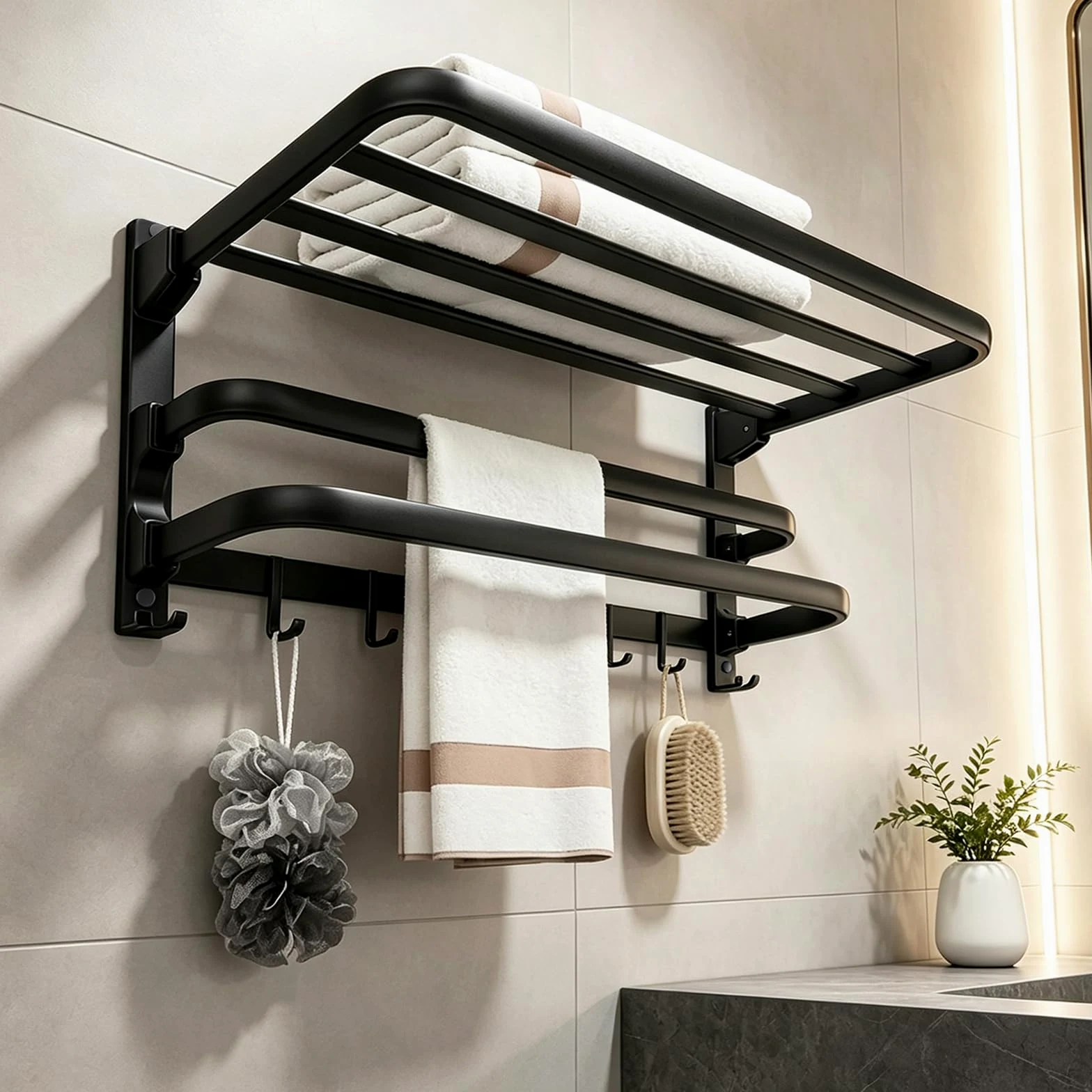 Jahof Wieszak na ręczniki, składany, 3-warstwowy, aluminiowy wieszak na ręczniki z haczykami, regał na ręczniki z wierceniem, do łazienki i kuchni (60 cm, czarny)
