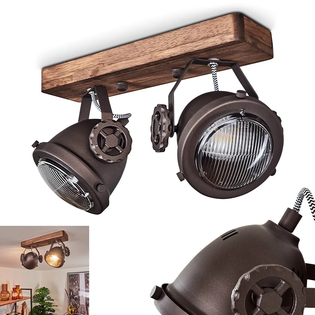 Lampa sufitowa Herford, 2-lampowa lampa pokojowa z metalu i drewna w kolorze brązowym ze szklanym kloszem, spoty można obracać i odchylać, 2 x GU10, bez żarówek