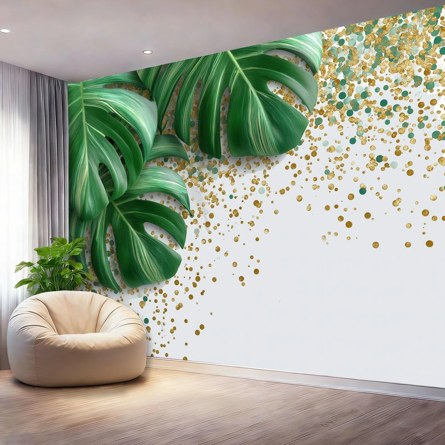 Tropikalna fototapeta liście palmowe marmur fotografia ścienna do sypialni pokoju dziecięcego, 300 x 210 cm tapeta artystyczna, kremowa
