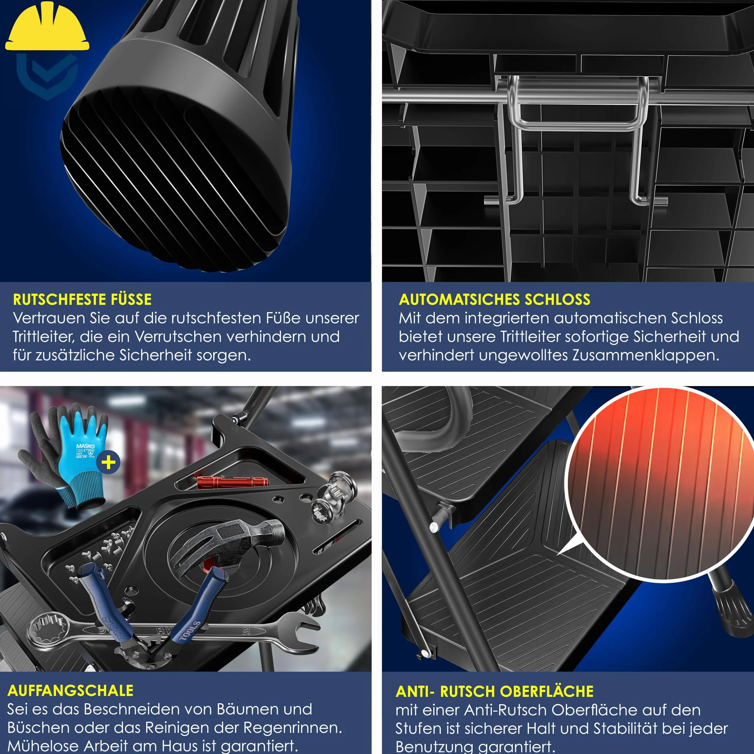 MASKO® Drabina składana, 4-stopniowa drabina z poręczami, obciążenie do 150 kg, antypoślizgowa drabina, rękawiczki, półka na narzędzia i automatyczny zamek, czarna