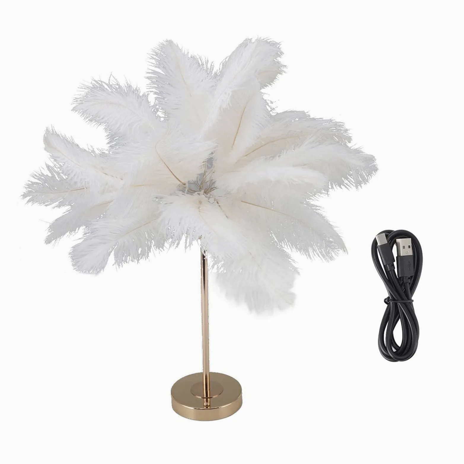 Lampa Stołowa z Piór, Przełącznik Dotykowy USB Lampa z Piór Strusich Ciepłe światło Obok Lampki Nocnej Abażur z Piór Lampka Nocna na Stół 3-kolorowa Przyciemniana Lampa Biurkowa do Sypialni Ślub Dekor