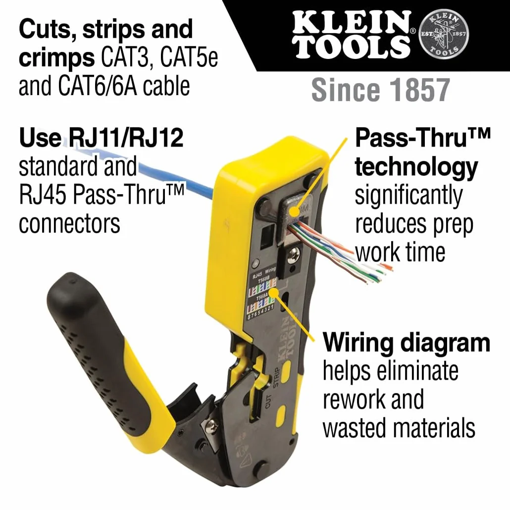 Klein Tools Pass-Thru modułowa zaciskarka do drutu, wszystkie w jednym, cięcia, paski, zaciski, szybkie i niezawodne VDV226-110, żółty/czarny, 1 sztuka