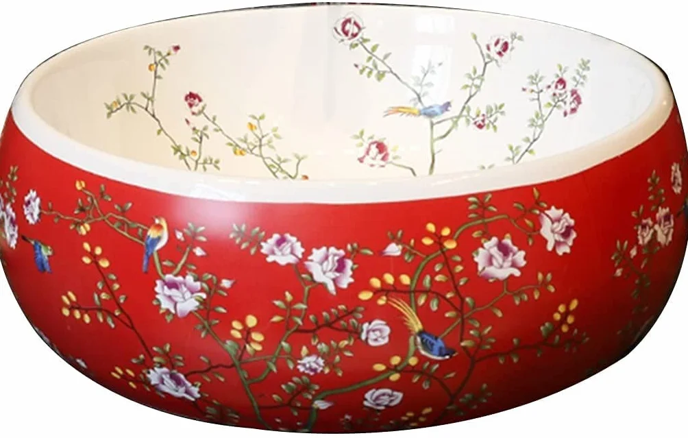 Umywalka łazienkowa nablatowa z umywalką nablatową, chińskie ceramiczne umywalki łazienkowe Lowes, indywidualny zestaw umywalek w kształcie kwiatów i ptaków, czerwony, 42 * 15 cm