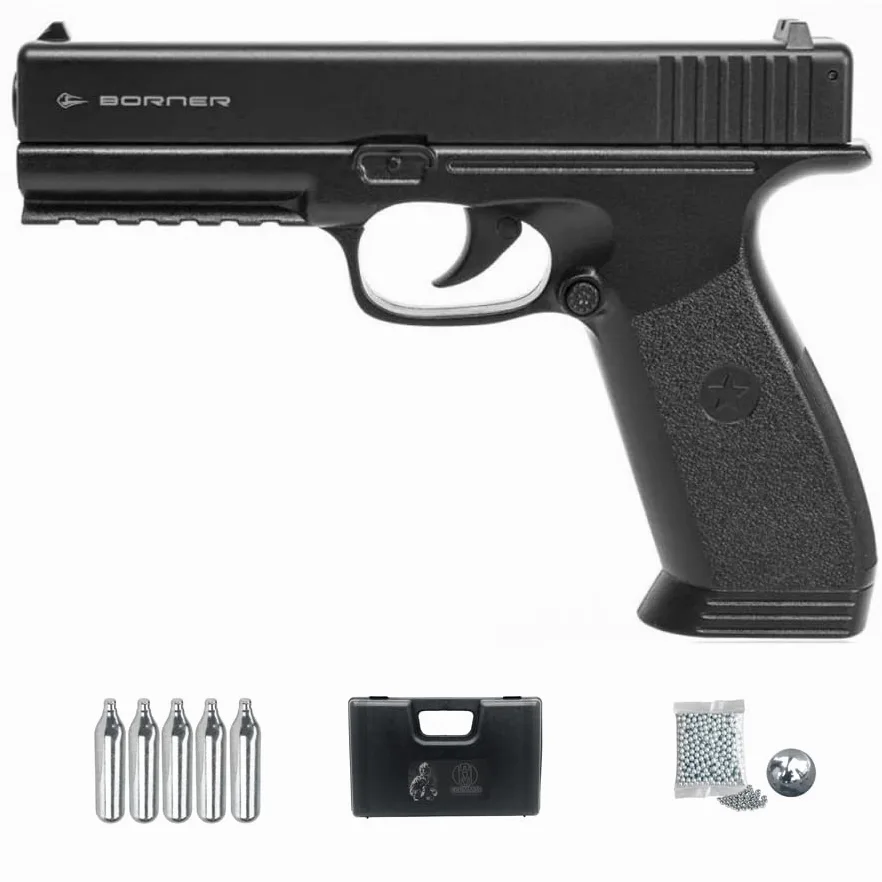 Pistolet do baliw Borner 17 | Półautomatyczny pistolet stalowy kaliber 4,5 mm (śrut BB's) typ Glock 17 + teczka, CO2 i kulki