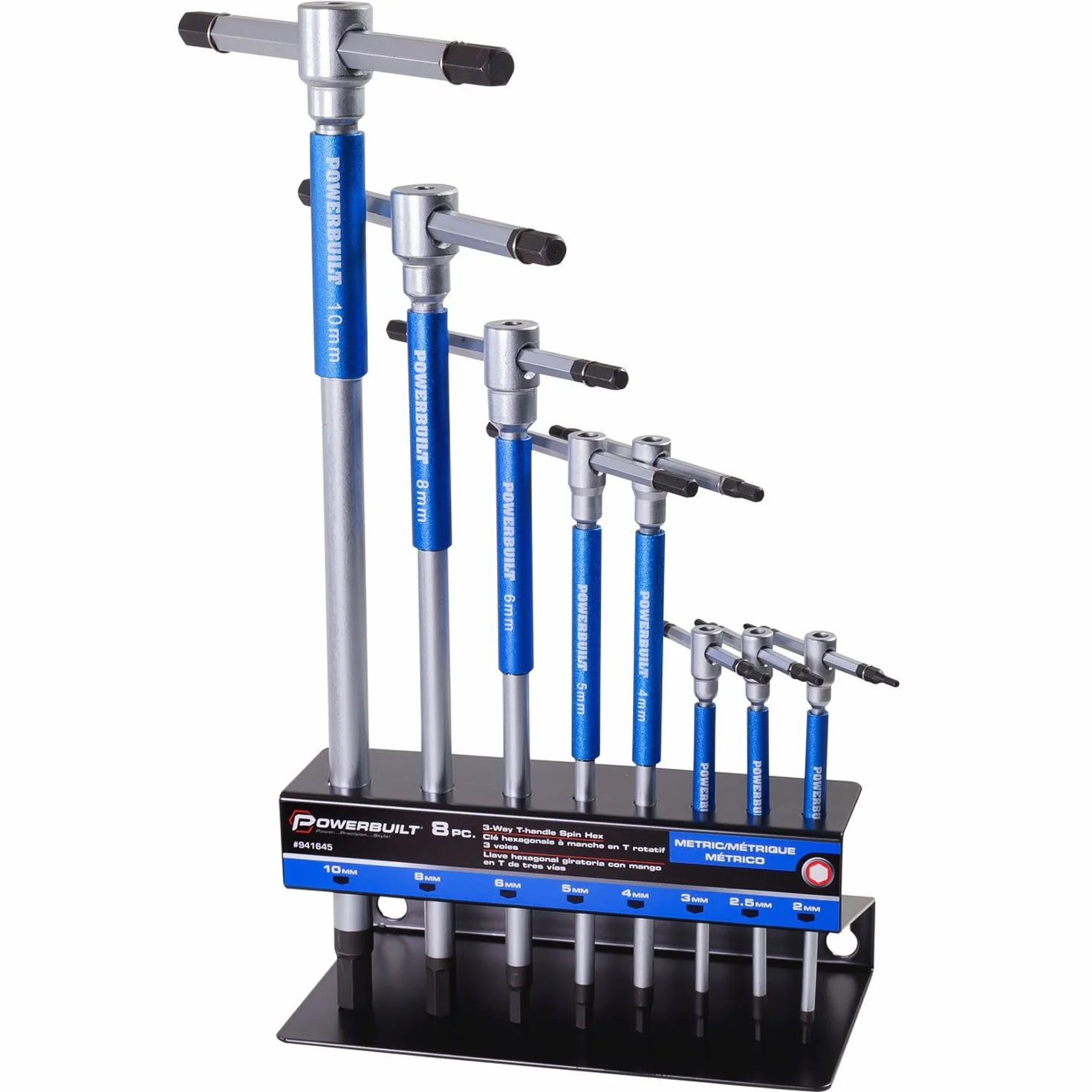 Powerbuilt 8 Pc Metric T-Handle Hex Allen Key Wrench Set with Storage Rack, 941645