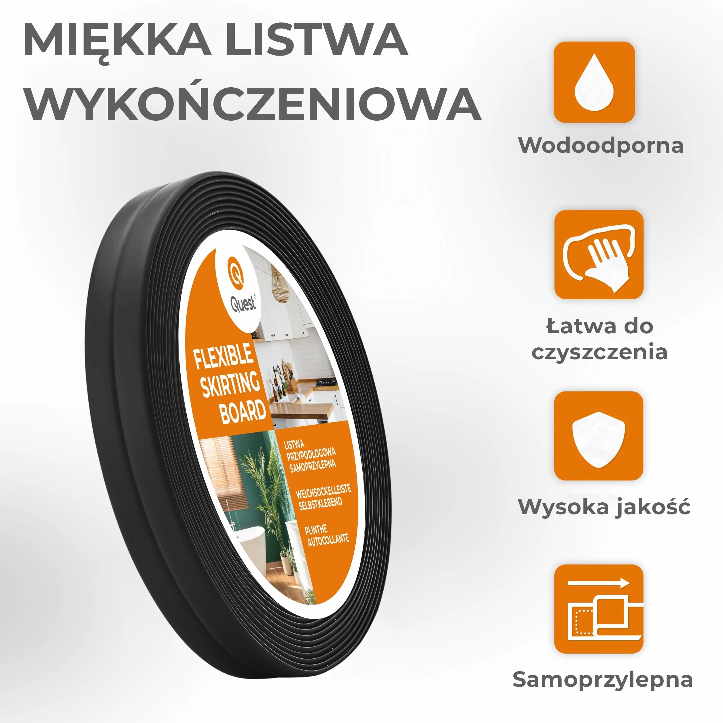 QUEST Listwa wykończeniowa PVC 10x10 mm, samoprzylepna, elastyczna, miękka taśma dekoracyjna, czarny, 5 m