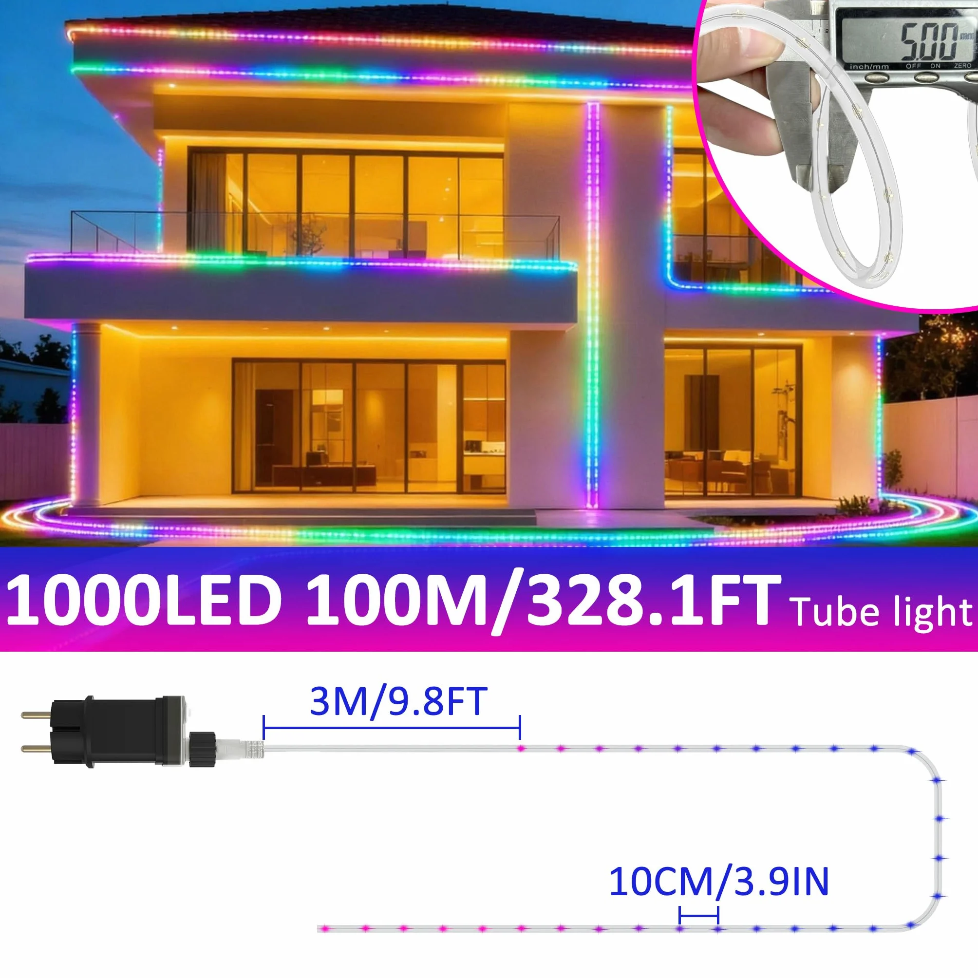 YRHome wąż świetlny LED, 100 m, 1000 diod LED, z wtyczką, do użytku na zewnątrz, z timerem, 8 trybów i możliwością regulacji jasności, IP44, wodoodporny, oświetlenie dekoracyjne RGB LED, do użytku