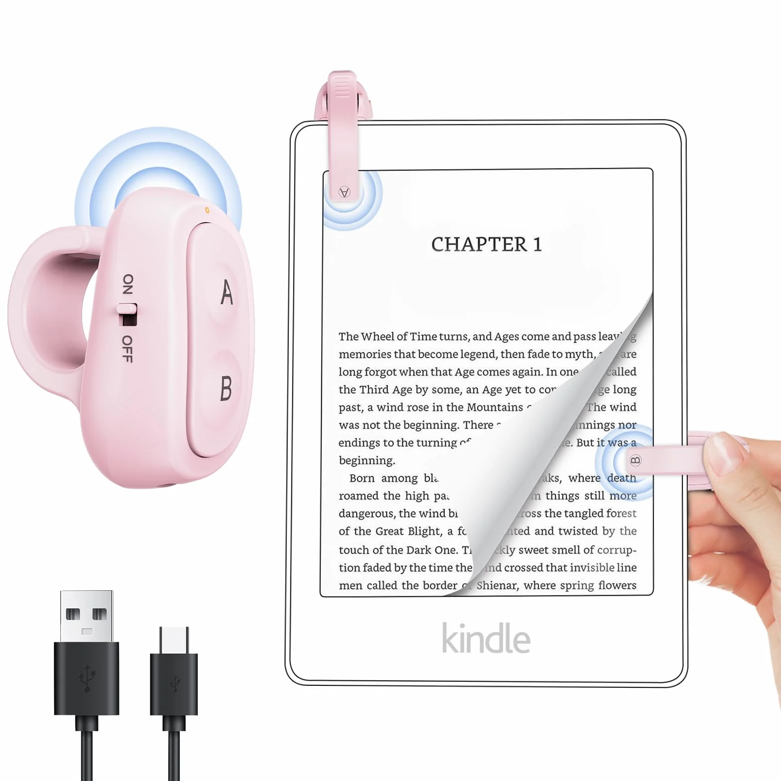 Zdalne sterowanie RF, przewracacz stron do Kindle z ładowaniem USB-C, klips A i B, wskaźnik LED, odporny na odciski palców, długi czas czuwania dla czytników e-booków — łatwa obsługa jedną ręką