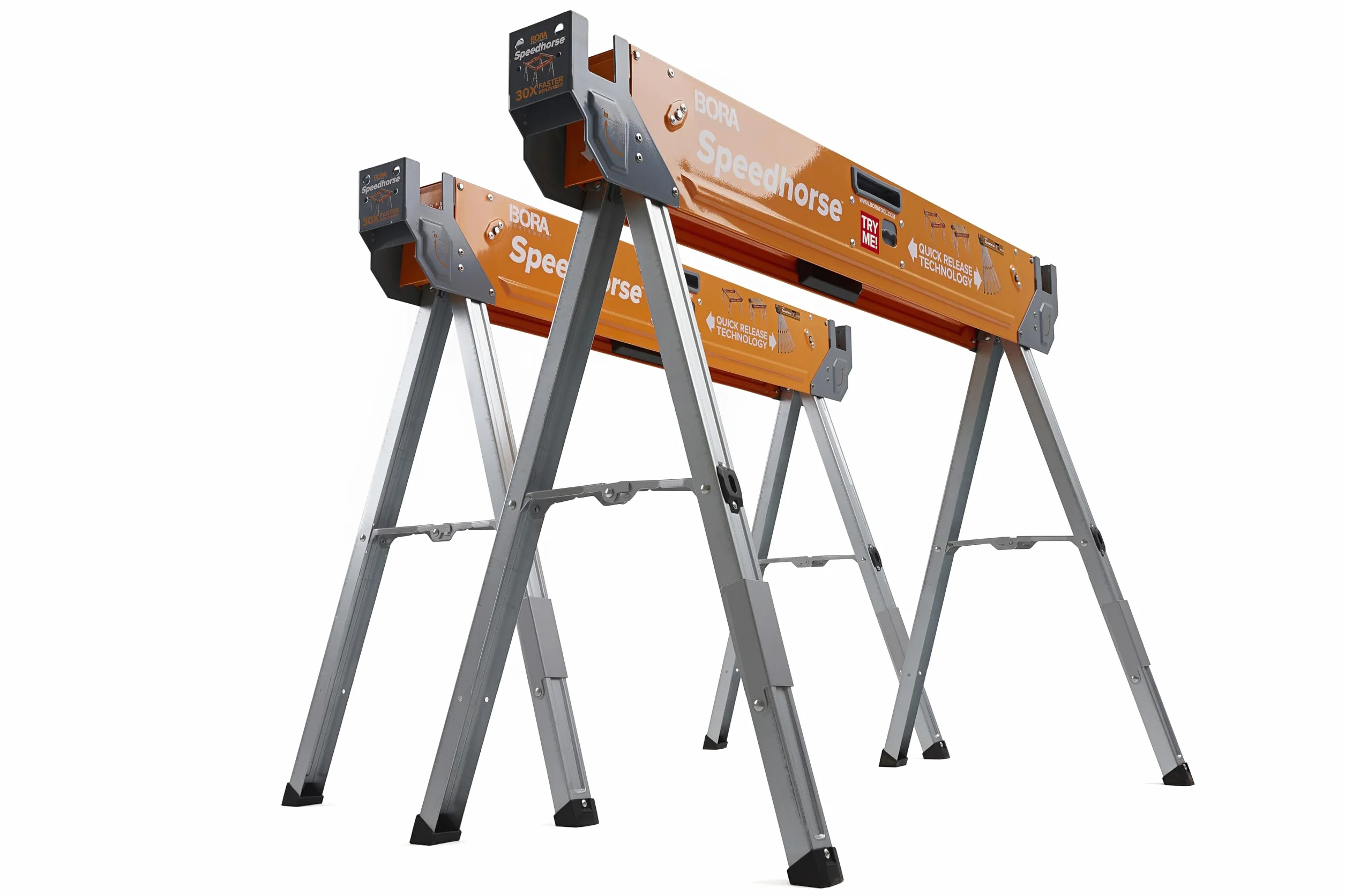 Bora PORTAMATE Speedhorse PM-4500T dwupak, 30 x szybsza natychmiastowa konfiguracja, niesekwencyjne składanie nóg, nośność 1633 kg na parę, metalowy blat na 2 x 4 cm, wytrzymała, profesjonalna piła