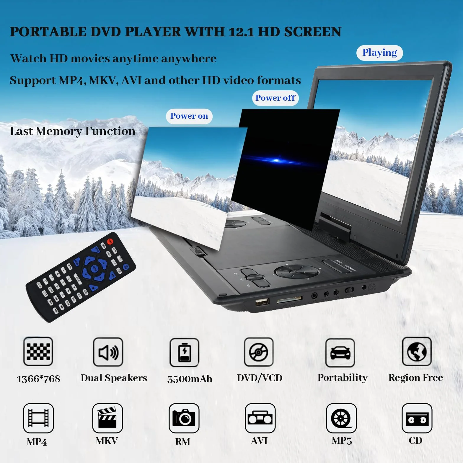 YOOHOO przenośny odtwarzacz DVD 14.9 cala 12.1 cala wyświetlacz HD akumulator USB SD AV