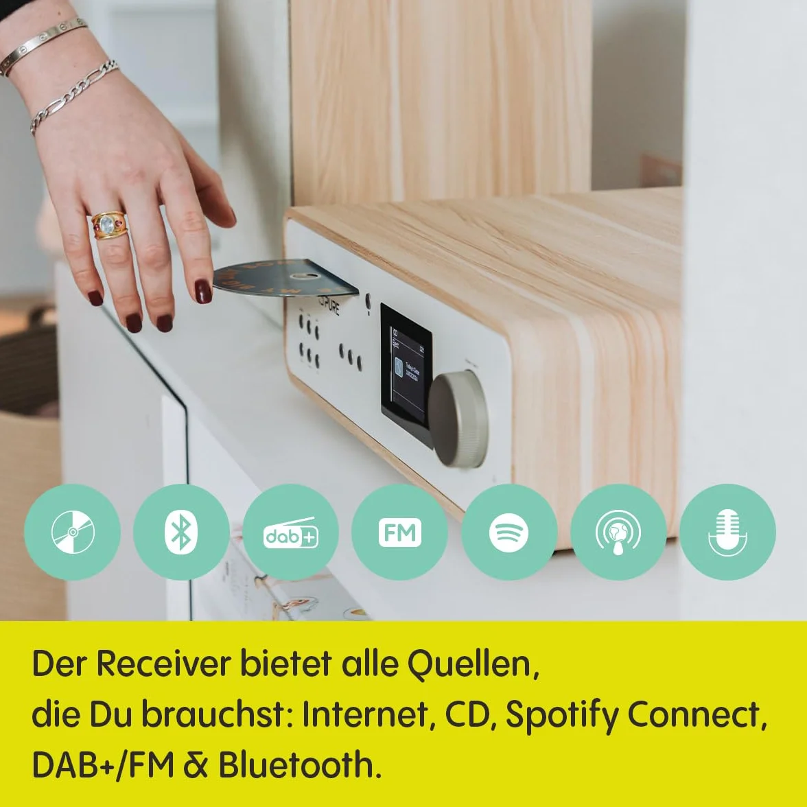 Pure Classic Stereo HiFi Music System 100 W Radio Internetowe DAB+ FM Bluetooth CD USB Spotify Connect Cotton White Oak