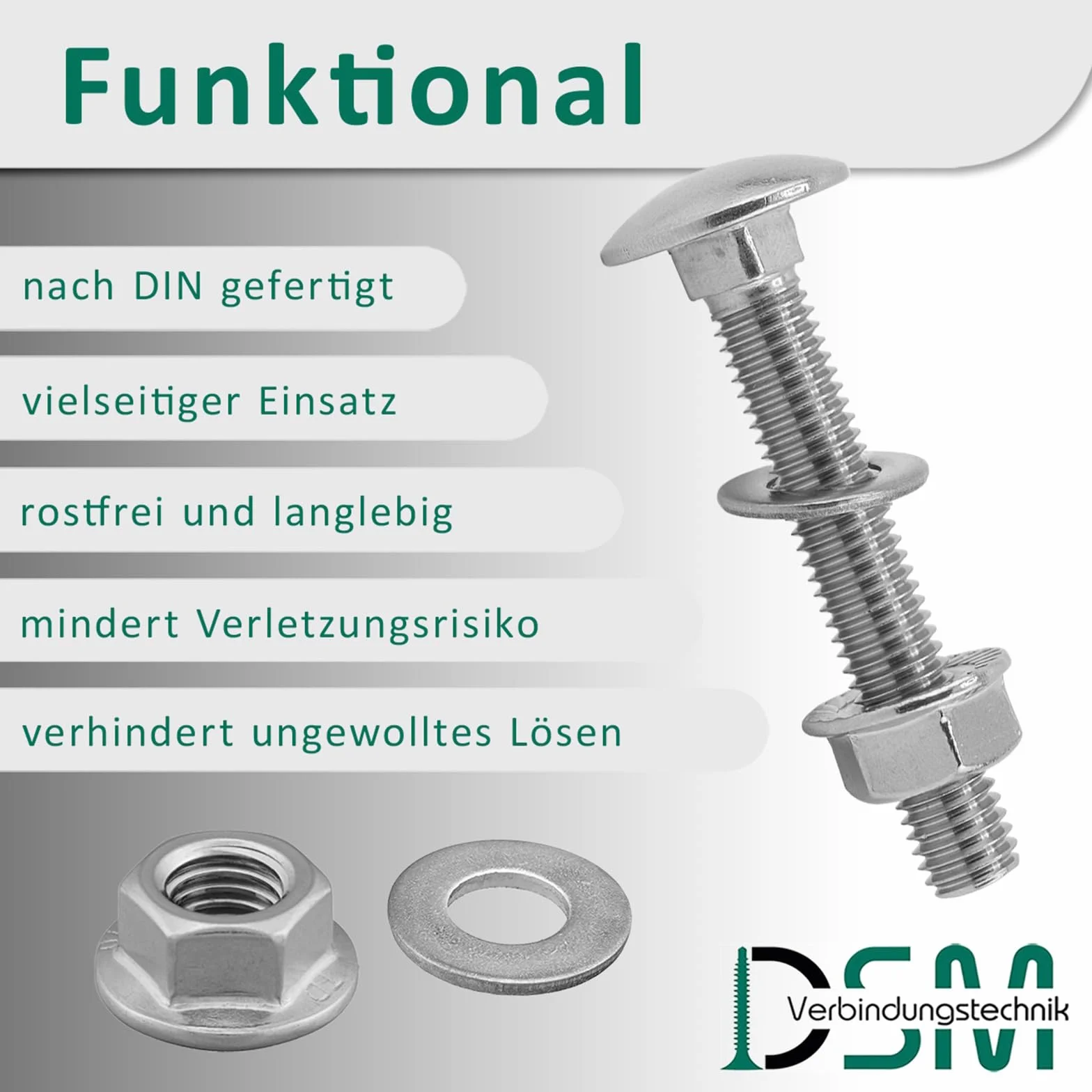 DSM – śruby zamkowe M12 x 25 mm zgodnie z DIN 603 – nakrętka kołnierzowa M12 z zębami blokującymi DIN 6923 i podkładką DIN 125 – stal nierdzewna A2/V2A – śruby z łbem płaskim – nakrętka sześciokątna