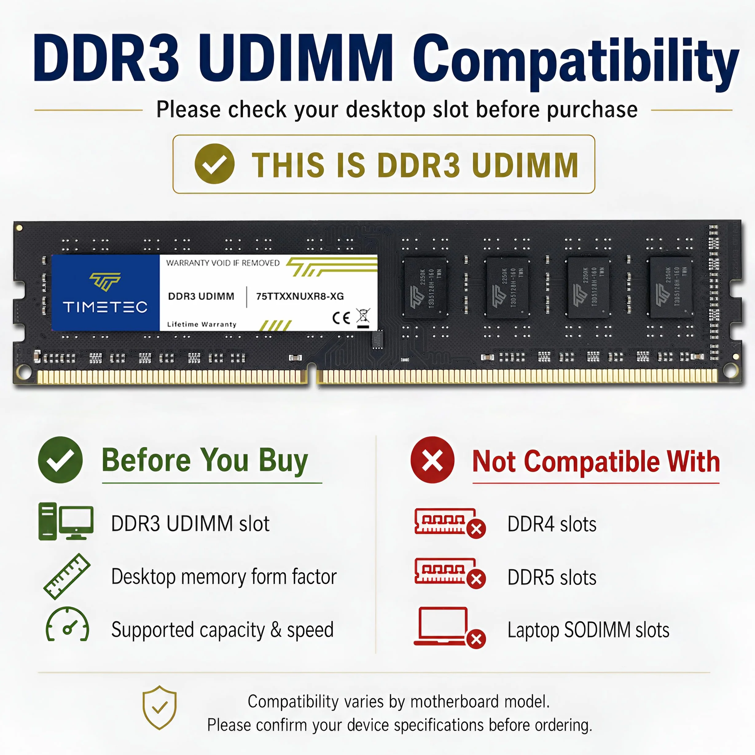 Timetec Hynix IC DDR3 PC3-12800 1600 MHz bez ECC niebuforowany 1,35 V/1,5 V podwójna ranga 240-pinowy UDIMM komputer stacjonarny pamięć RAM moduł (zestaw 32 GB (4 x 8 GB))