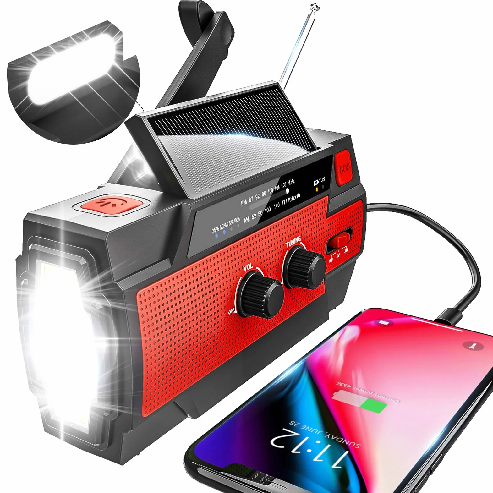 Radio solarne AM/FM przenośne z akumulatorem 4000 mAh korbą ręczną dynamo na kemping czerwone