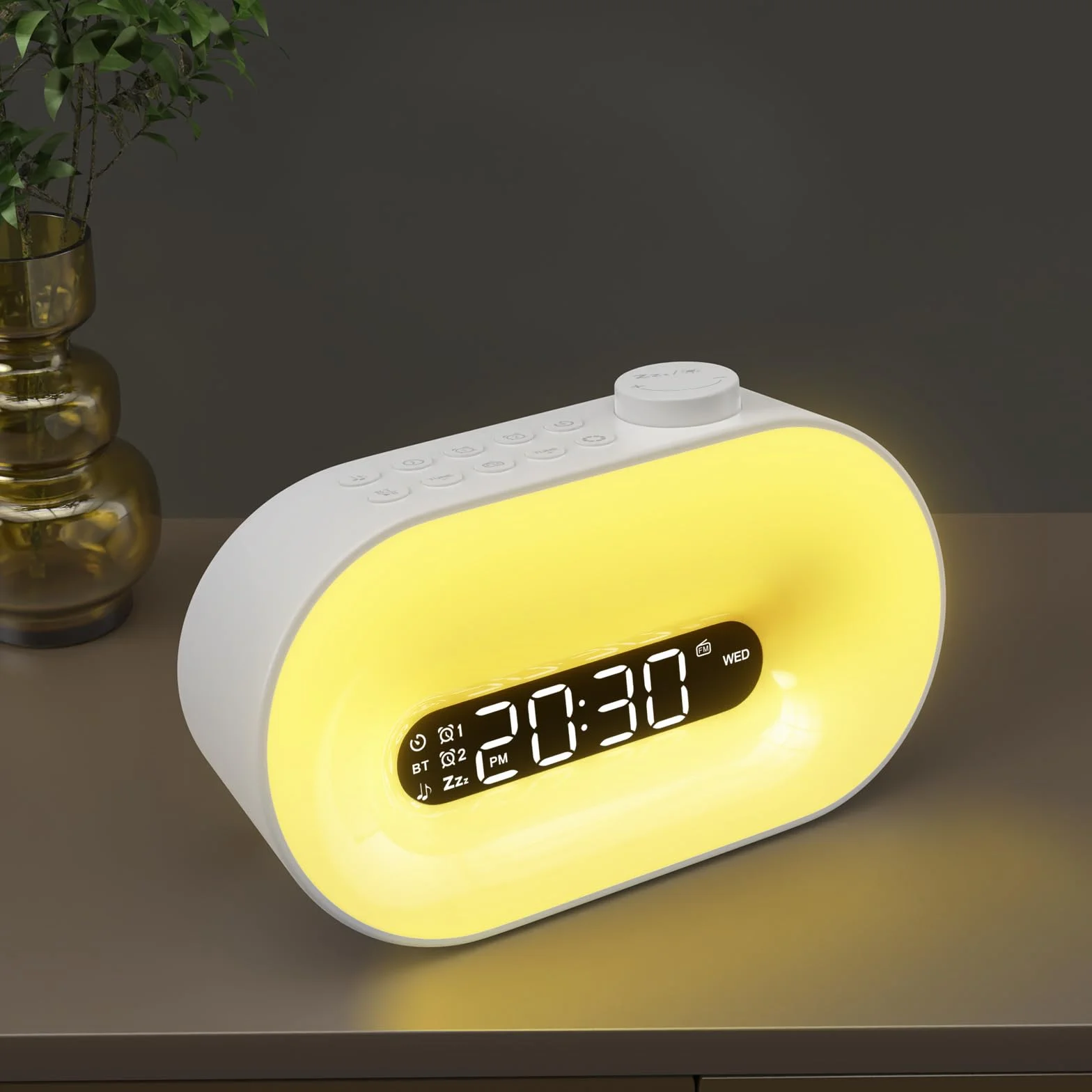 Budzik z radiem FM, 2 alarmy, drzemka, 8 dzwonków, 10 hipnotycznych dźwięków, budzik z głośnikami Bluetooth, 16 kolorów świetlnych na imprezę/urodziny / Boże Narodzenie