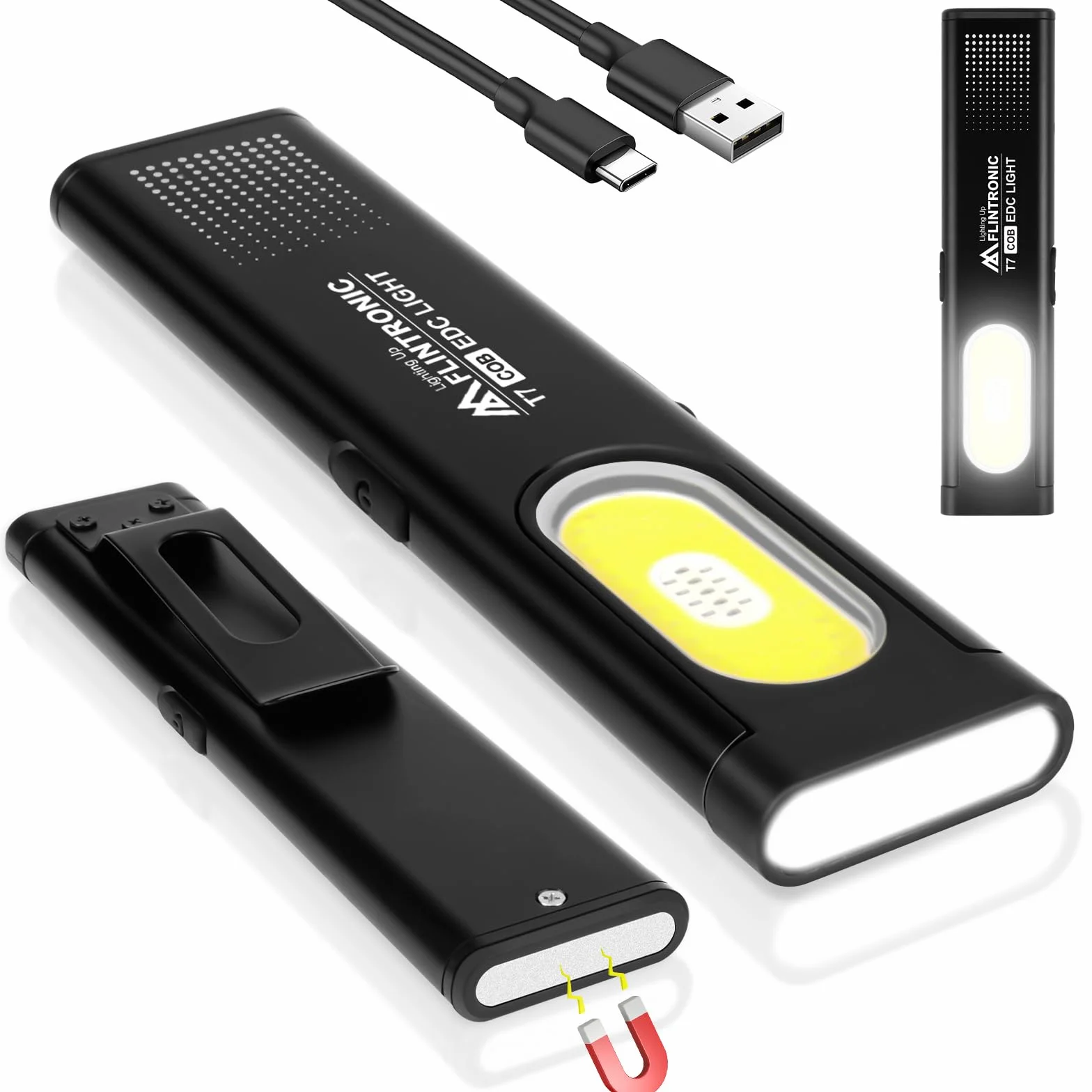flintronic Lampa robocza LED, mini latarka, typ C, lampa robocza z możliwością ponownego ładowania, lampa kontrolna COB z magnesem i klipsem, 6 trybów jasności, na kemping, wędrówki, do domu