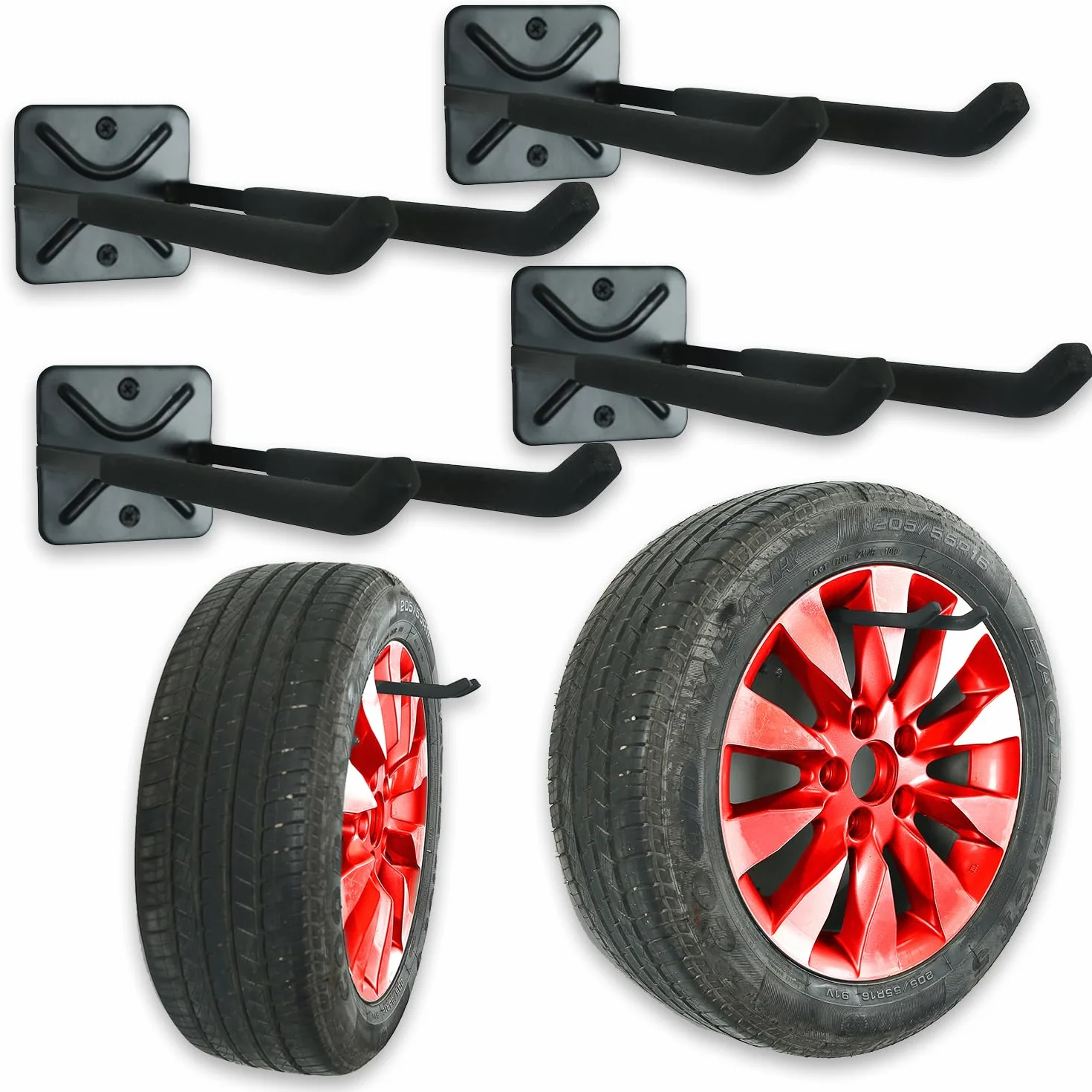 Heavy Duty Garage Tires Hooks Wall Mounted Hanger Tool Organizer Rack Hardware Steel Metal Multi-Tools Storage Utility Hooks with Screws and Anchors(4, Black)
