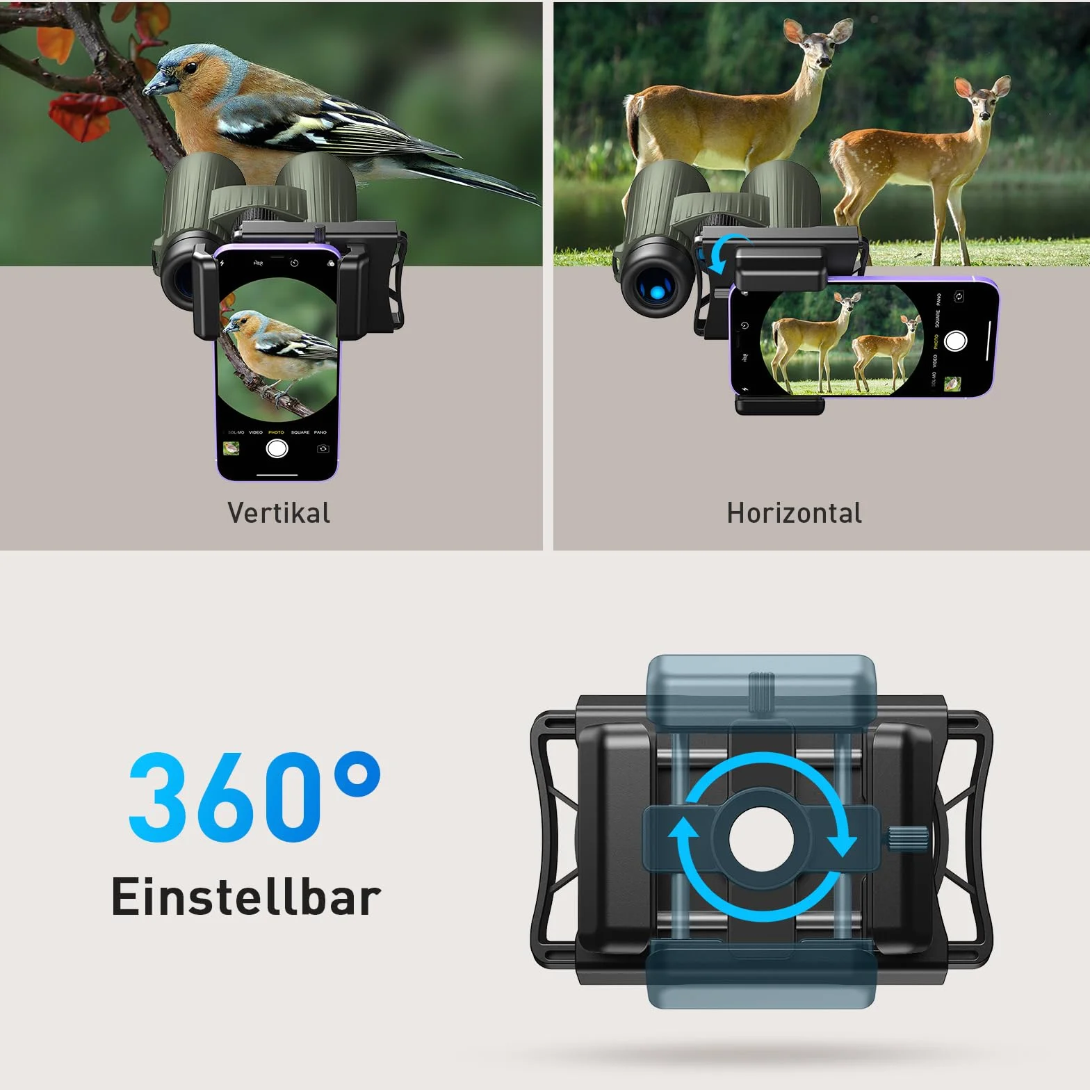 APEXEL Ulepszony uniwersalny adapter lunety z pilotem zwalniającym migawkę, obrót o 360°, kompatybilny z lornetką, monokularem i mikroskopem, adapter teleskopowy do smartfonów