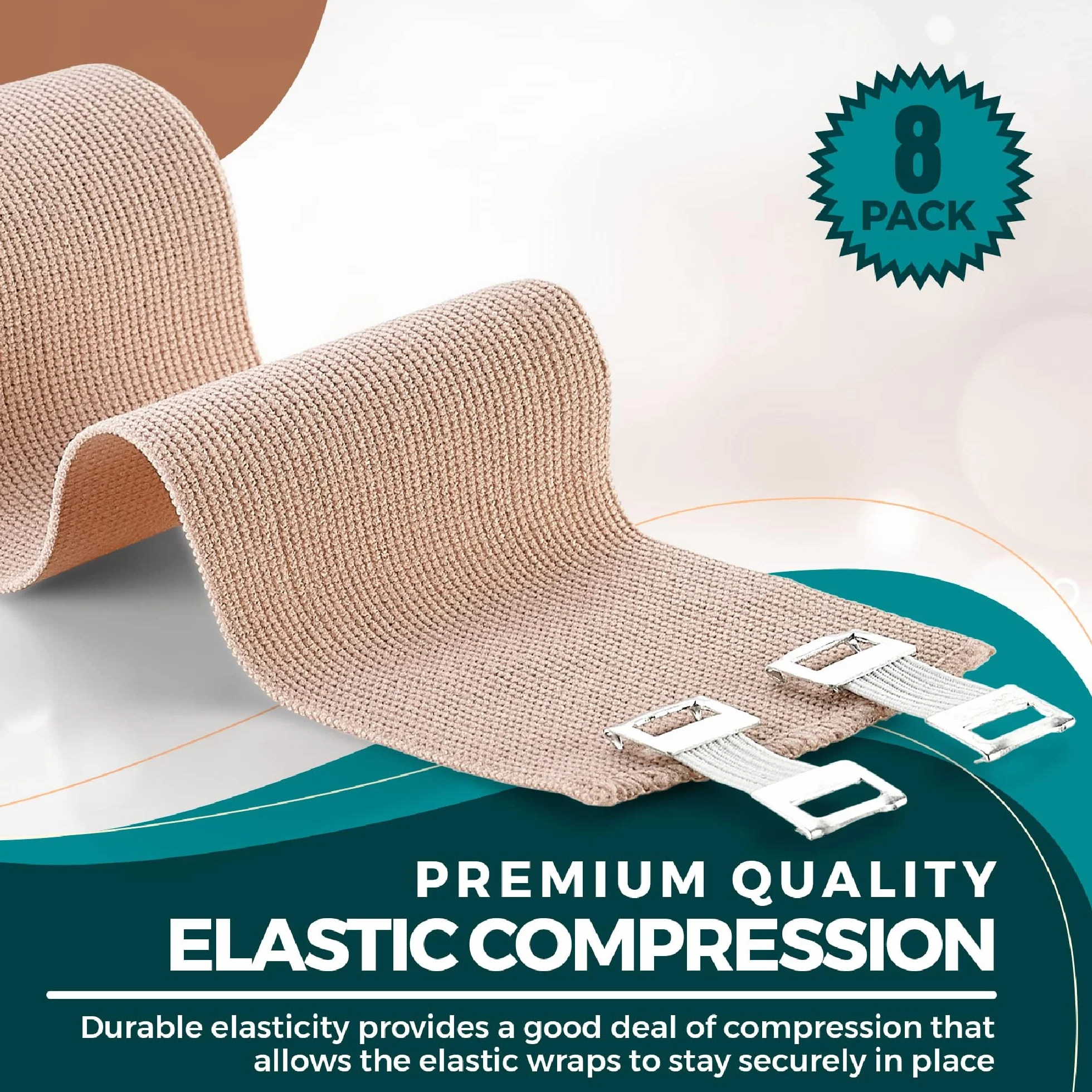MEDca Elastic Compression Bandage Wrap - First Bandages Roll Measures 2", 3", 4", 6" x 5 Ft z 4 dodatkowymi haczykami - Athletic Sports Stretch Wraps for Ankle, Wrist, Arm & Leg Sprains (Pack of 8)
