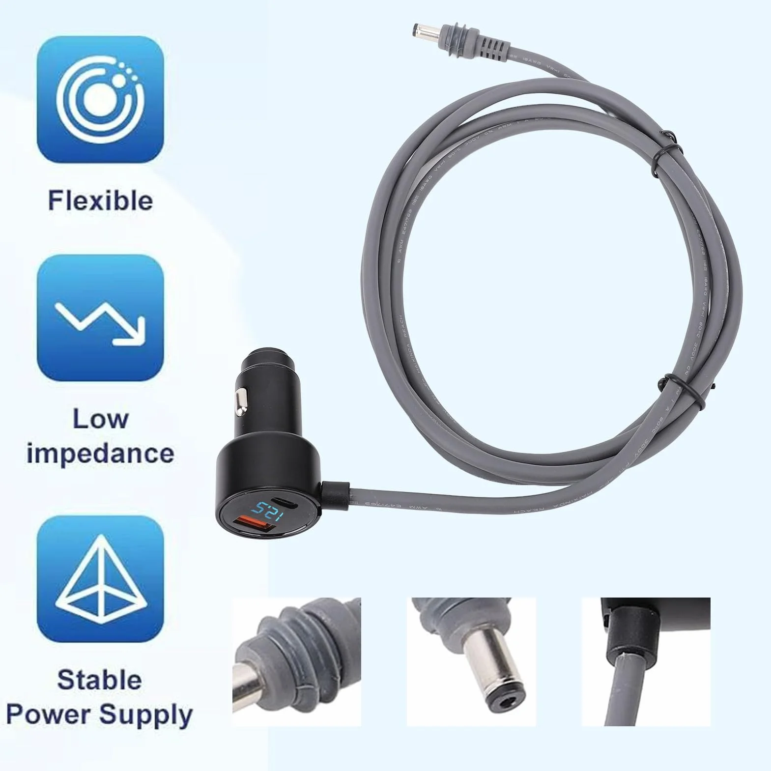 Satelitarne Mini DC Power Cable Papieranność, 3 w 1 Satelitarna ładowarka Samochodowa DC Kabel Zasilający i Zapalniczka Papierosowa 12V-24V 18AWG z Cyfrowym Wyświetlaczem do (2M)