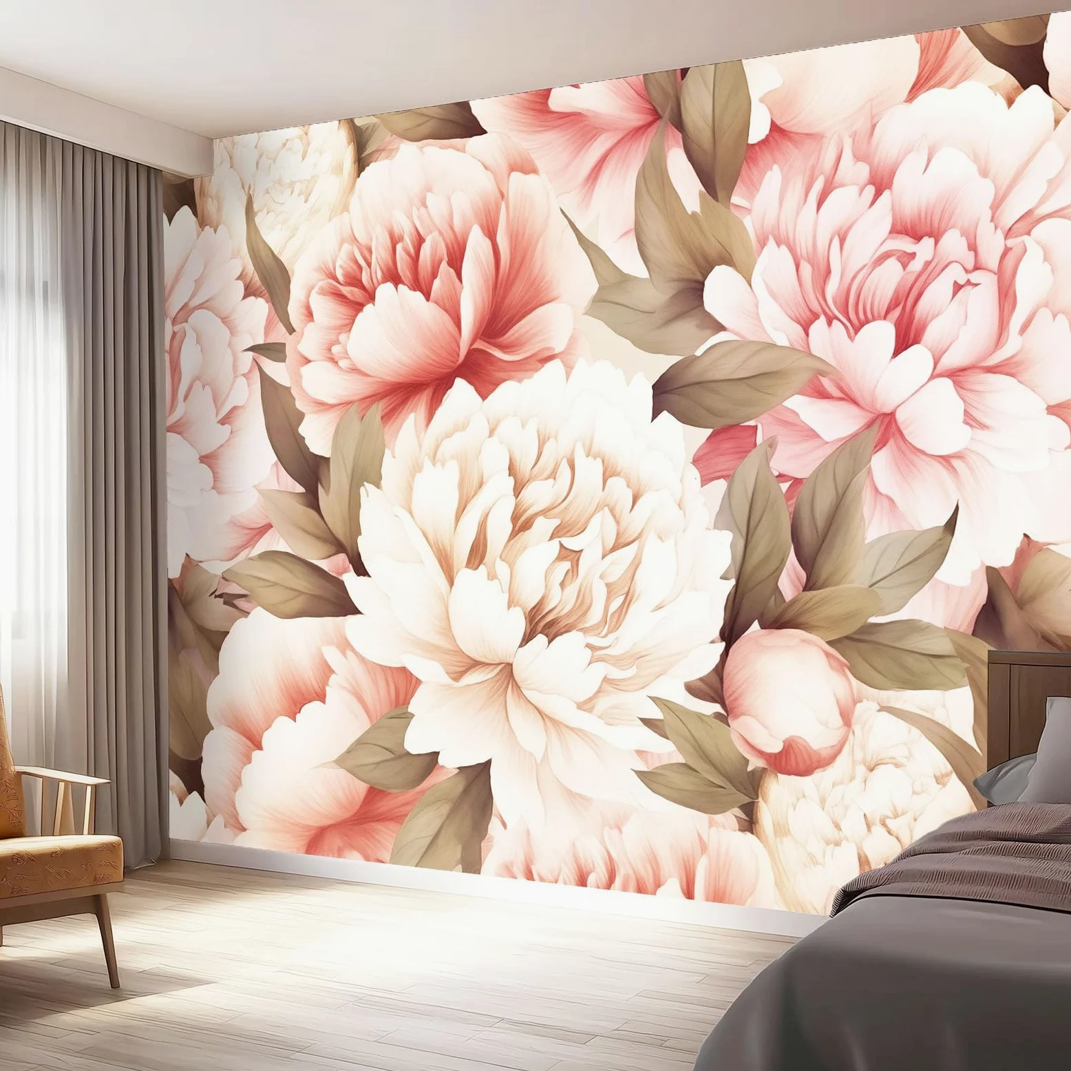 Fototapeta ścienna 300 x 210 cm (szer. x wys.), kremowy kwiatowy wzór piwonii, tapeta ścienna do sypialni dziecięcej