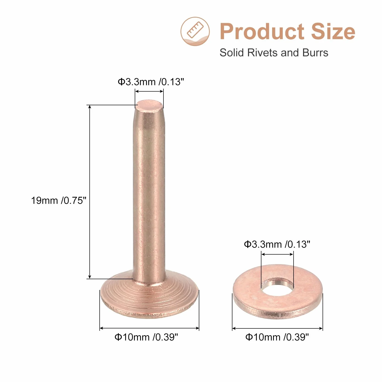 QUARKZMAN 50 sztuk nitów miedzianych i nasadek, 10 x 3,3 x 19 mm, solidna skóra, nitki miedziane, do skóry, do majsterkowania, do majsterkowania, kolor miedziany