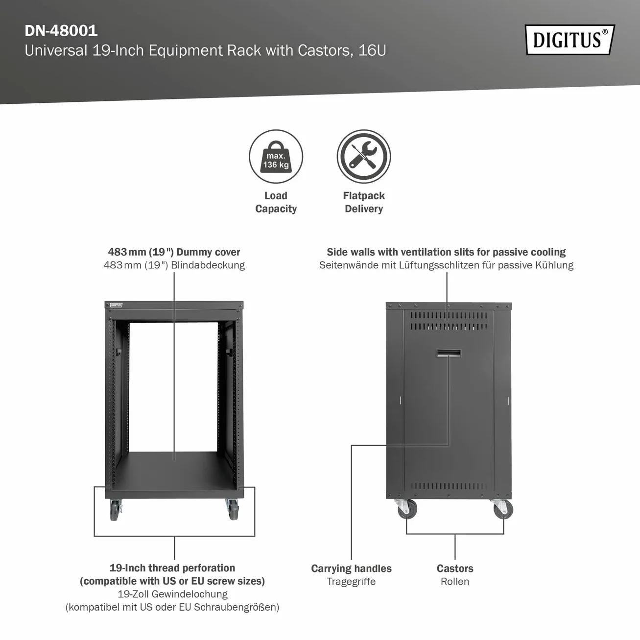 DIGITUS DN-48001 - Szafa rack audio - 19 cali - 16U - Uniwersalna szafa rack - Na akcesoria audio-video - Niezmontowana - Maks. obciążenie 136 kg - Z kółkami - Czarny