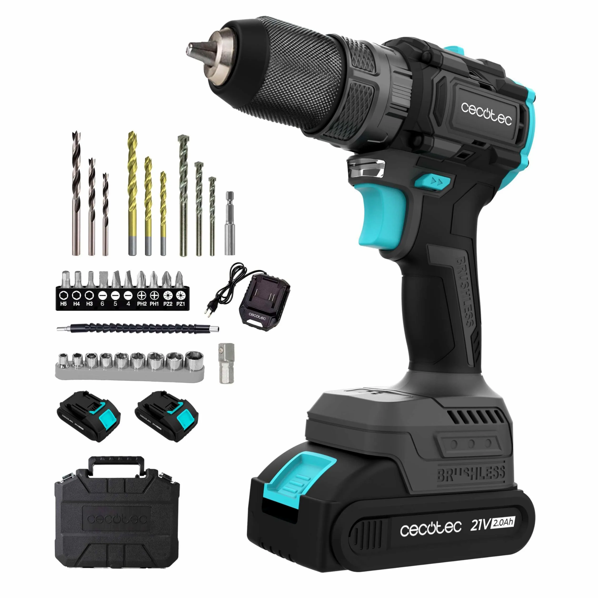 Cecotec Wiertarka udarowa i wkrętarka 2 akumulatory 21V-2000mAh PowerForce 3000 Impact Brushless. Silnik bezszczotkowy, 32000 IPM, prędkość 1500 obr./min, moment obrotowy 45 Nm, regulowany 25+1