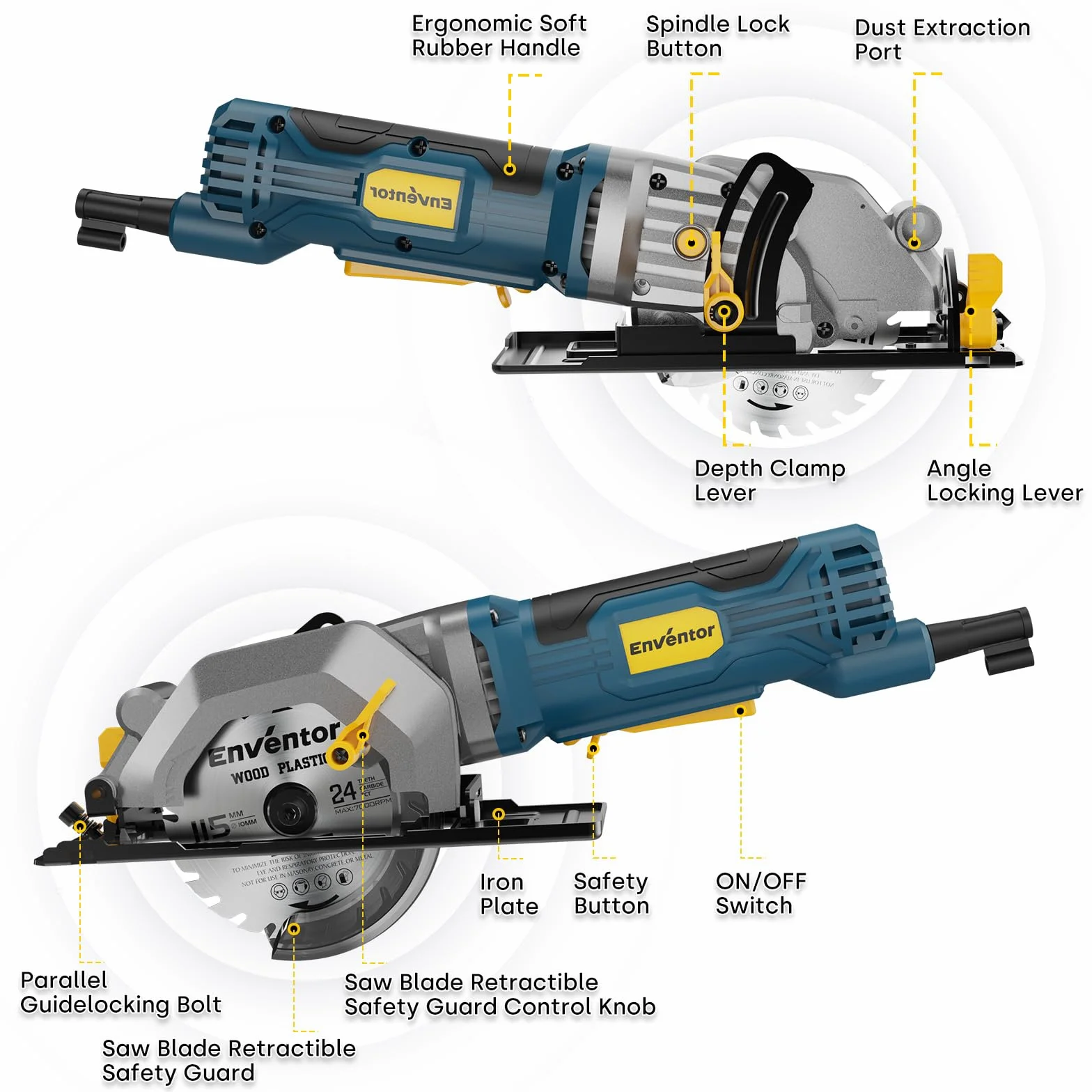 Enventor Mini Piła tarczowa, 580W, 115mm, miniaturowa piła tarczowa z szyną prowadzącą, 4000RPM, głębokość cięcia 43mm (90°), 29mm (45°), 3 brzeszczoty, idealna do drewna, plastiku, PCV