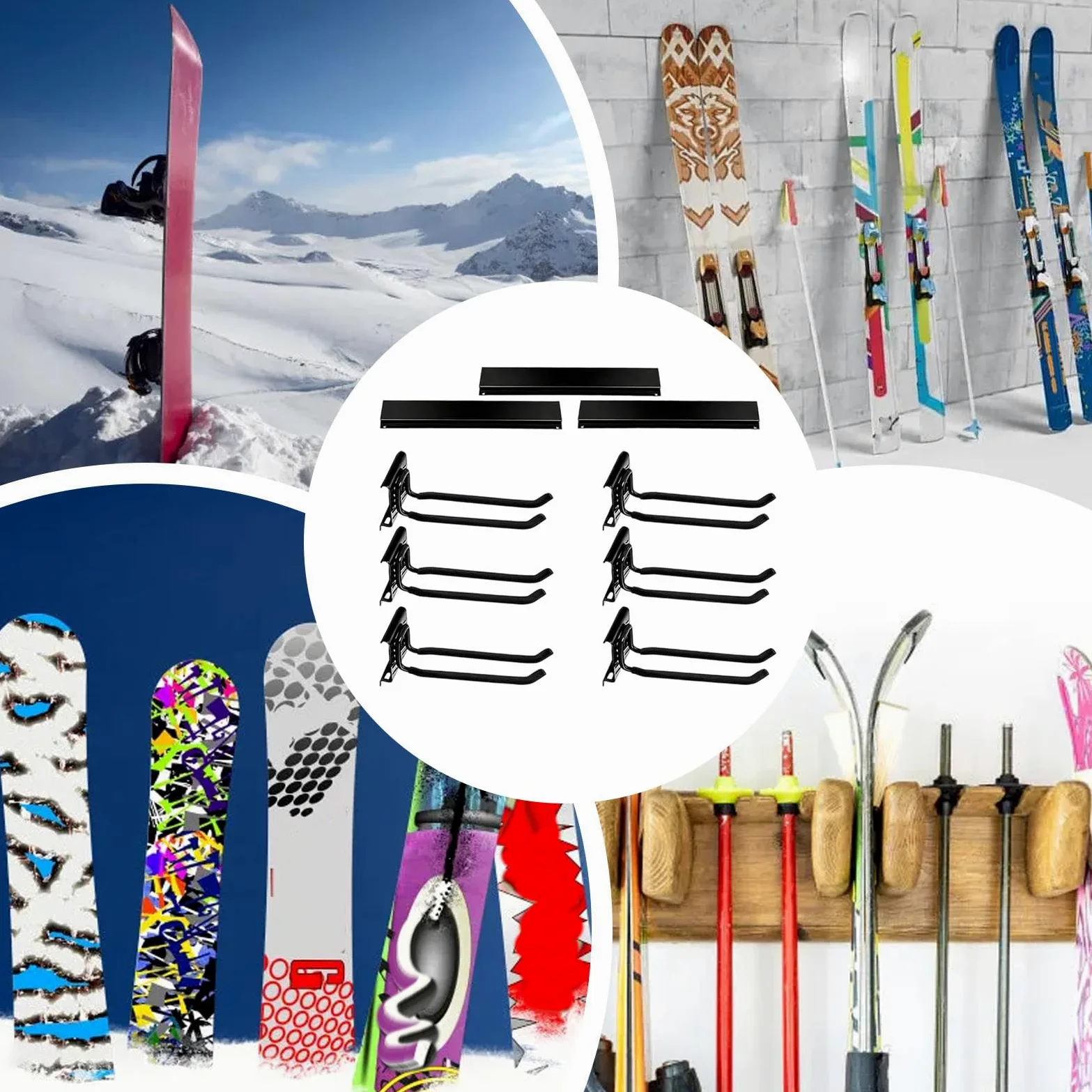 narty do gara?u ?ciennego - z 6 haczykami, wytrzyma?y | antypo?lizgowy, uchwyt snowboardowy montowany ?cianie, sprz?t zimowy, akcesoria sportowe, sprz?t domowy piwnica, szopa