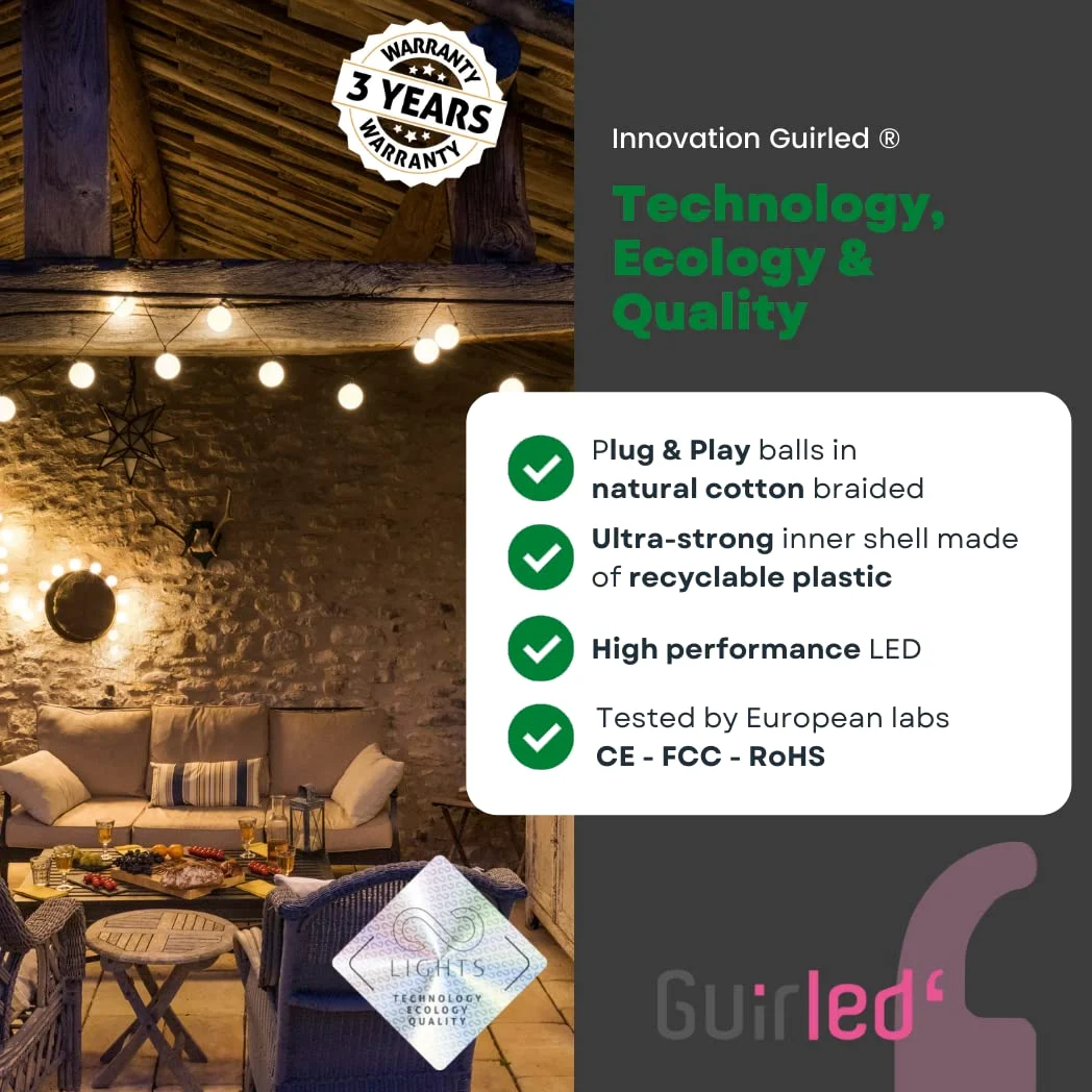 GuirLED - Girlanda zewnętrzna z kulami świetlnymi LED-Guinguette - Wodoszczelna IP55 - Wysokowydajny panel słoneczny - Automatyczne WŁĄCZ/WYŁĄCZ - 32 kule 6 m - Forest