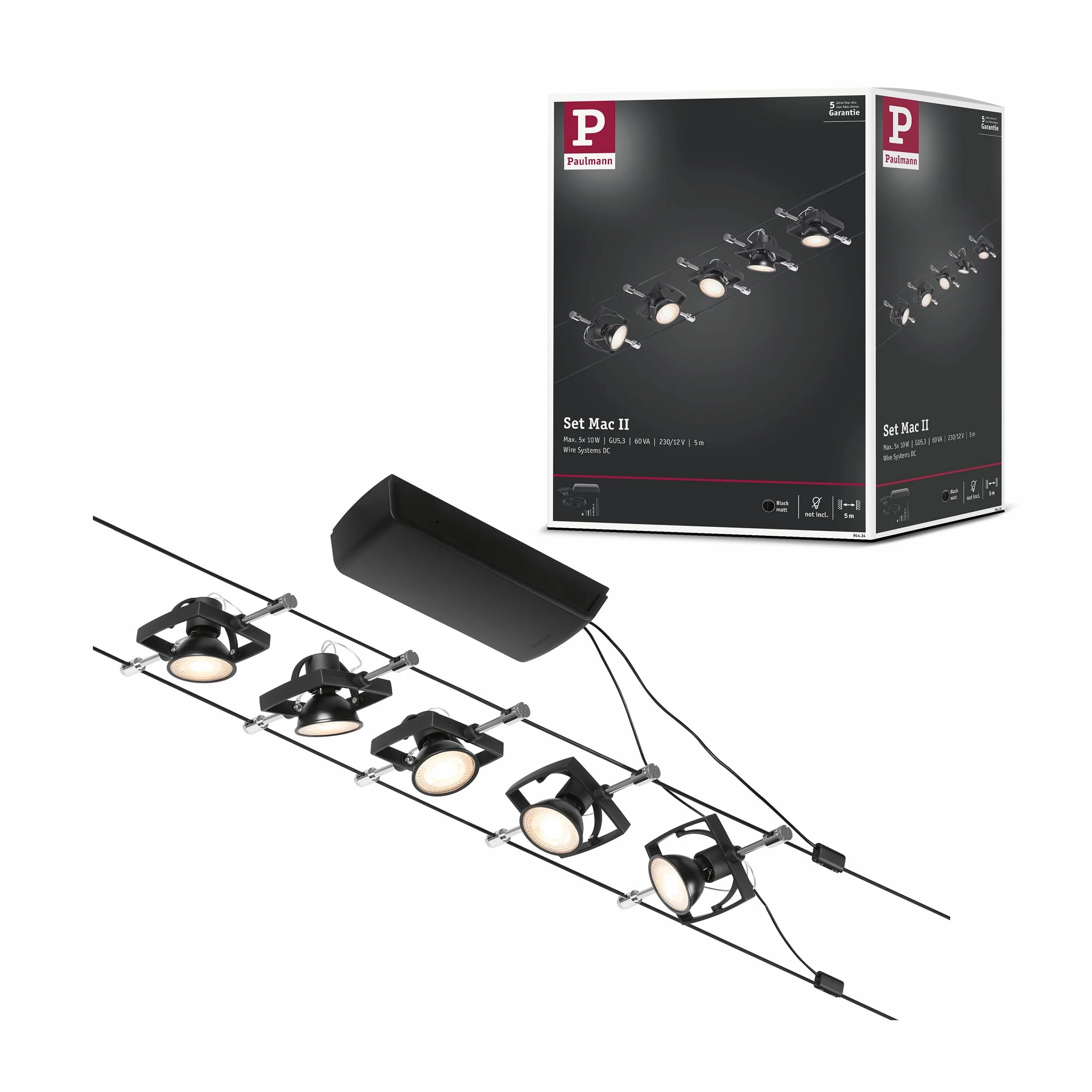 Paulmann 94434 CorDuo system linkowy Set Mac II DC maks. 5 x 10 W, z możliwością rozbudowy, chromowany mat, linka metalowa, system linkowy, G5,3, bez żarówek.