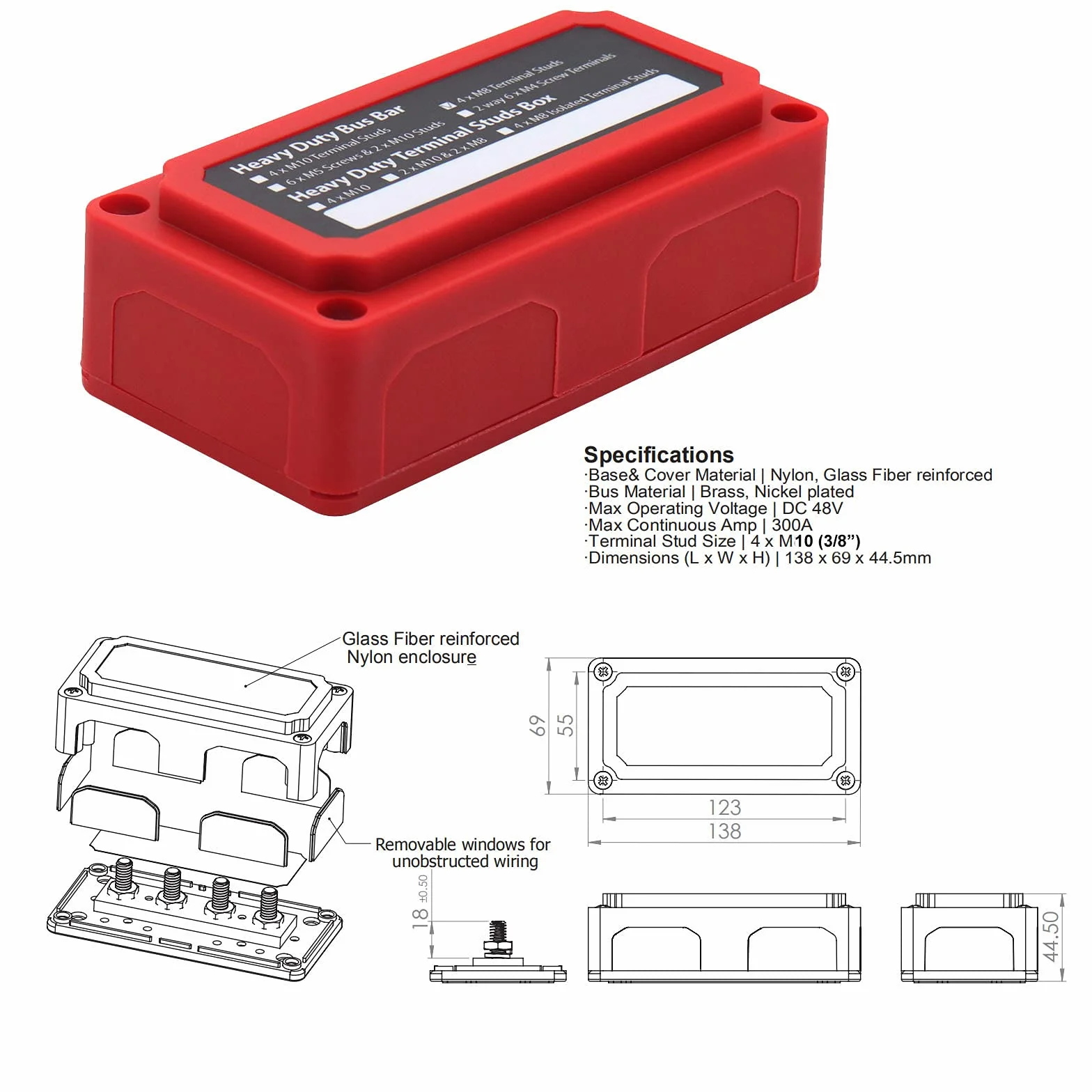 T Toca szyna zbiorcza 12 V - 48 V Heavy Duty Busbar 300 A z 4 x bolcami M10, blok przyłączeniowy, pozytywny blok rozdzielacza prądu, 300 A, szyny zbiorcze DC Bus Bar do samochodów osobowych