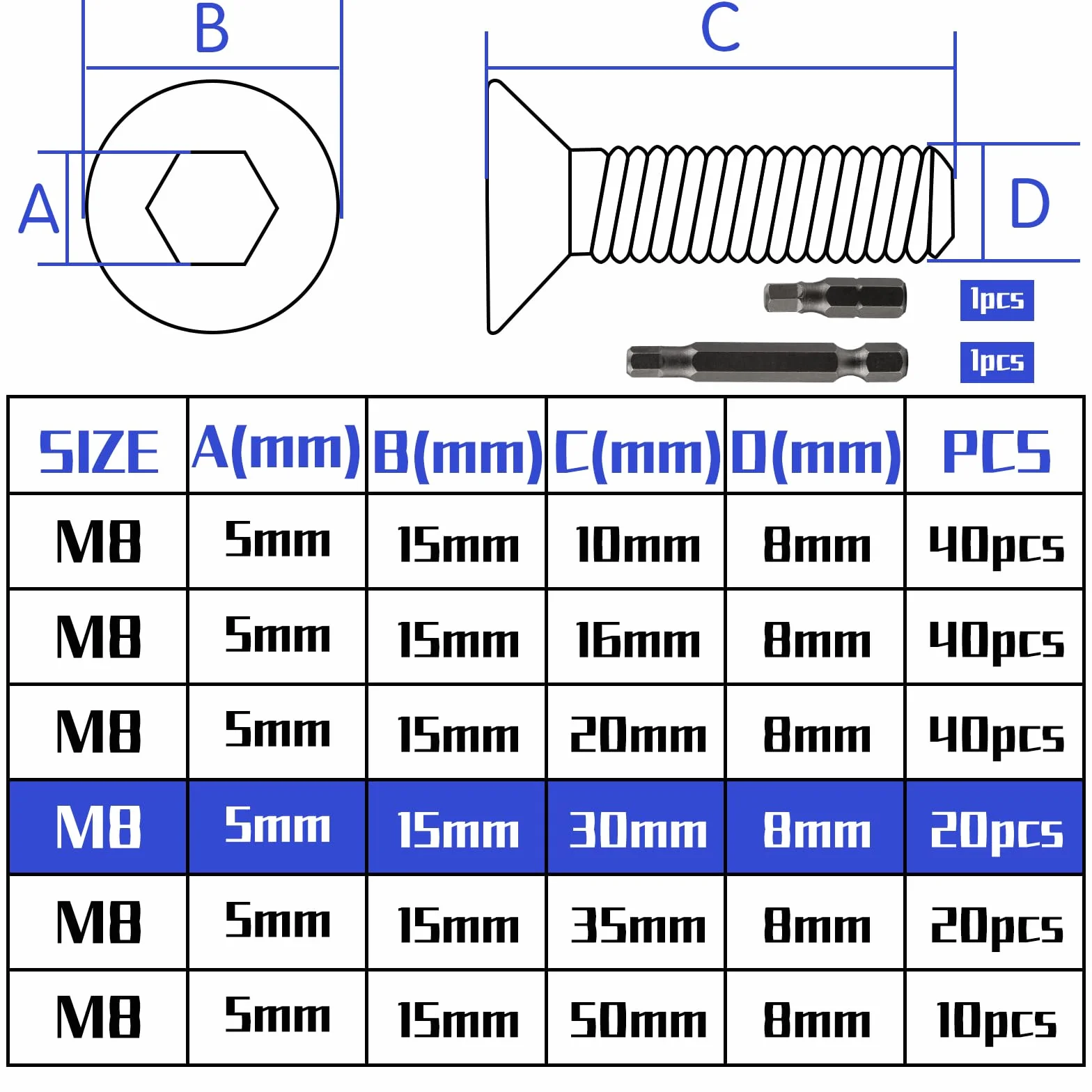 20 szt. śrub z łbem stożkowym ze stali szlachetnej M8 x 30 mm, śruby z łbem sześciokątnym M8 i stali szlachetnej DIN 7991/ISO 10642, śruby z łbem stożkowym, z 2 szt. łbem sześciokątnym (srebrne)