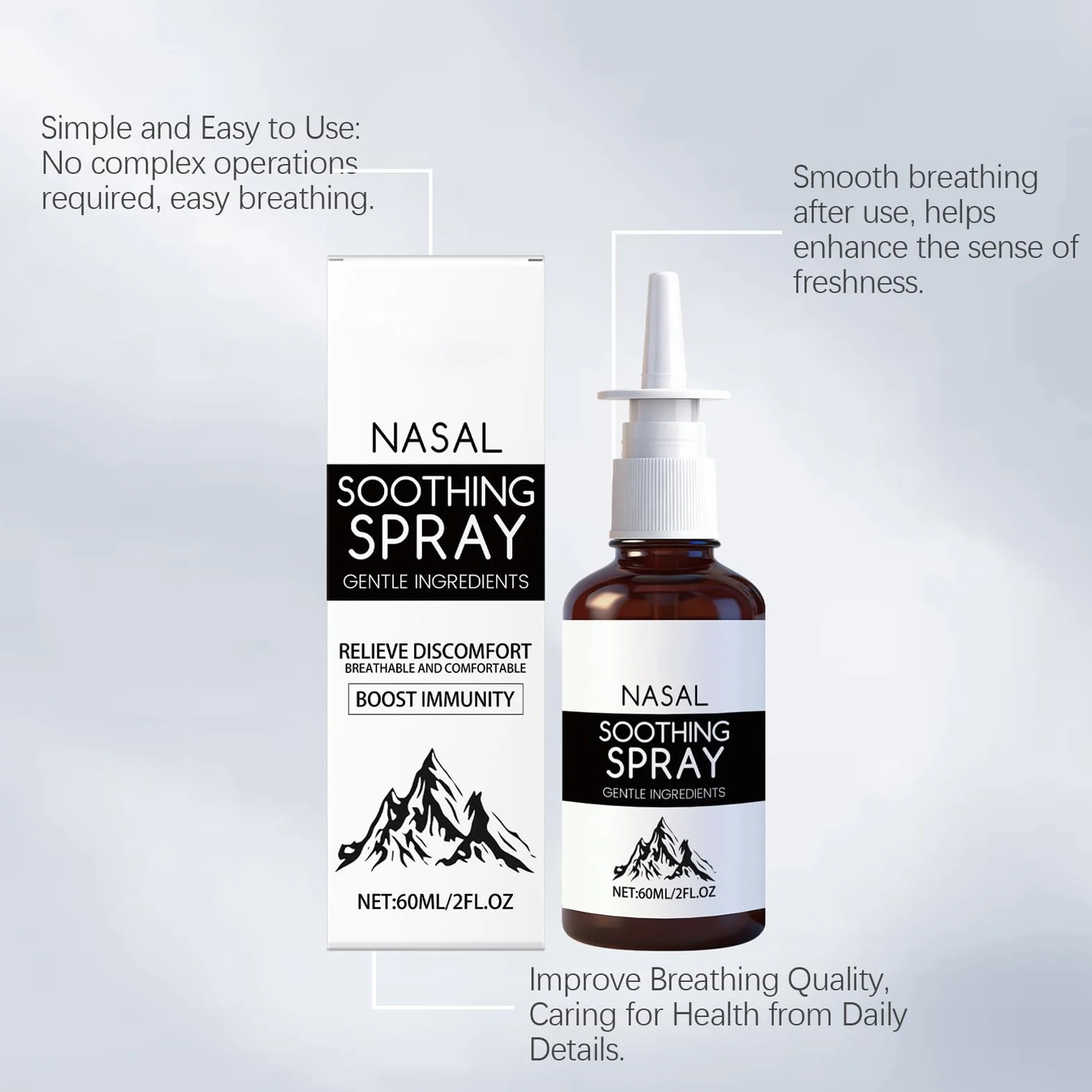 Mgiełka do czyszczenia nosa - 60 ml kojący komfort oddychania - płyn do oczyszczania nosa, dla dorosłych, kobiet, mężczyzn, seniorów, jazdy, podróży, nauki, na kemping, dojazdy do pracy