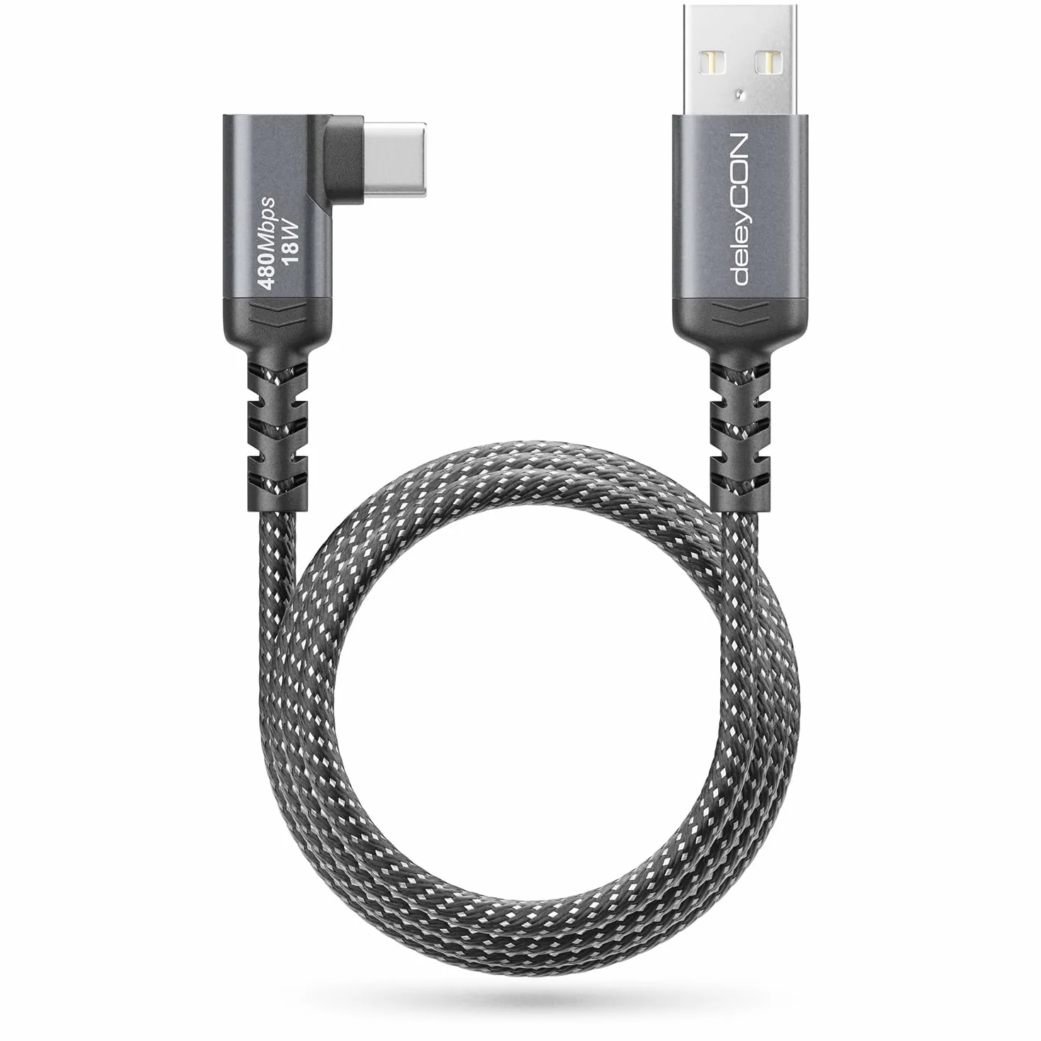 deleyCON 1m Kabel USB-C Kątowy 90° USB-A do USB-C Ładujący i Danych do iPhone 17 16 15 Pro Max Air, Galaxy A16 A56 S25 S24 S23, Pixel, AirPods, Laptopa, PS5