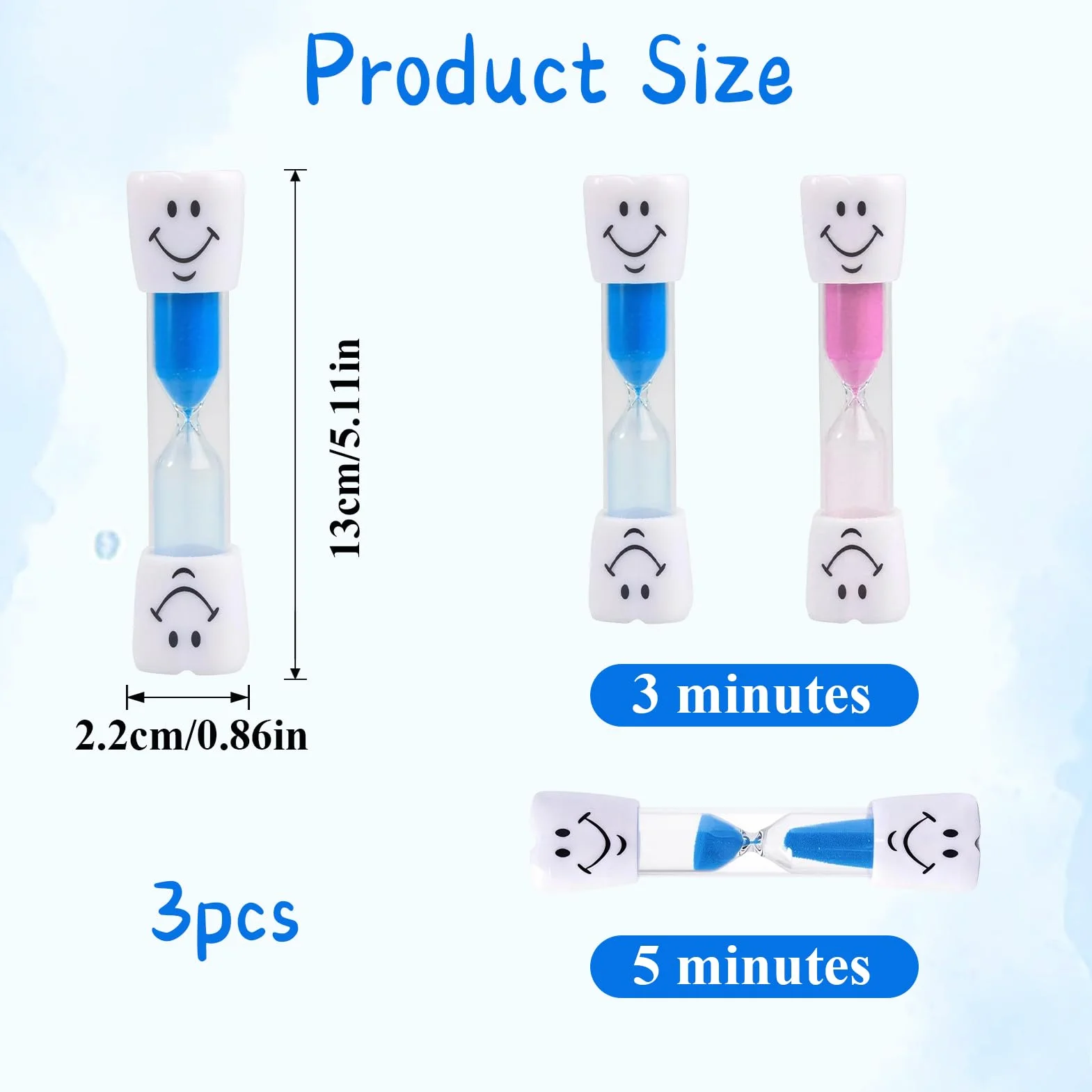 Zestaw 3 klepsydry dla dzieci, 3 minuty do mycia zębów dla dzieci, kolor niebieski i różowy piasek, 5 minut klepsydry do mycia zębów, timer